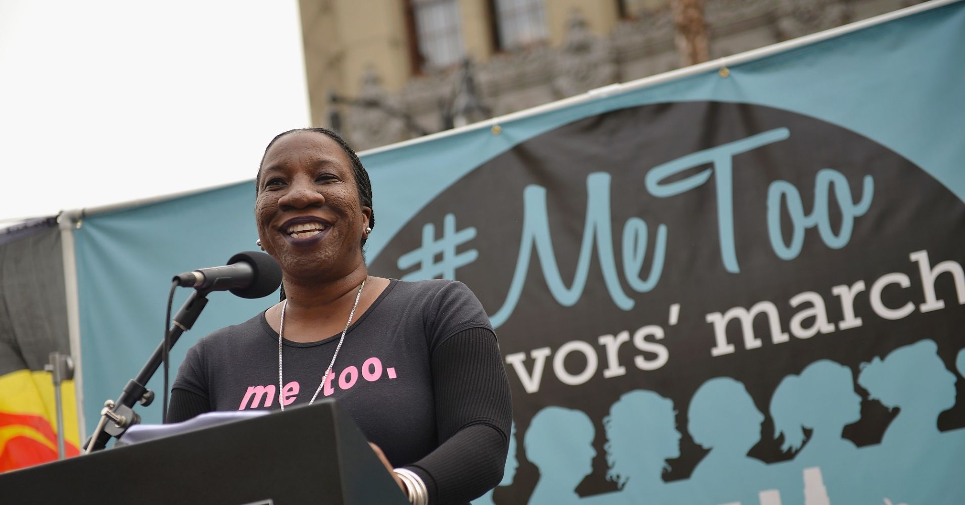 Tarana Burke speaking at a #MeToo march