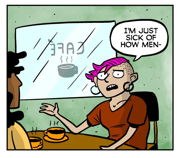 Two panels of a satirical comic featuring superhero “Not-All-Man”