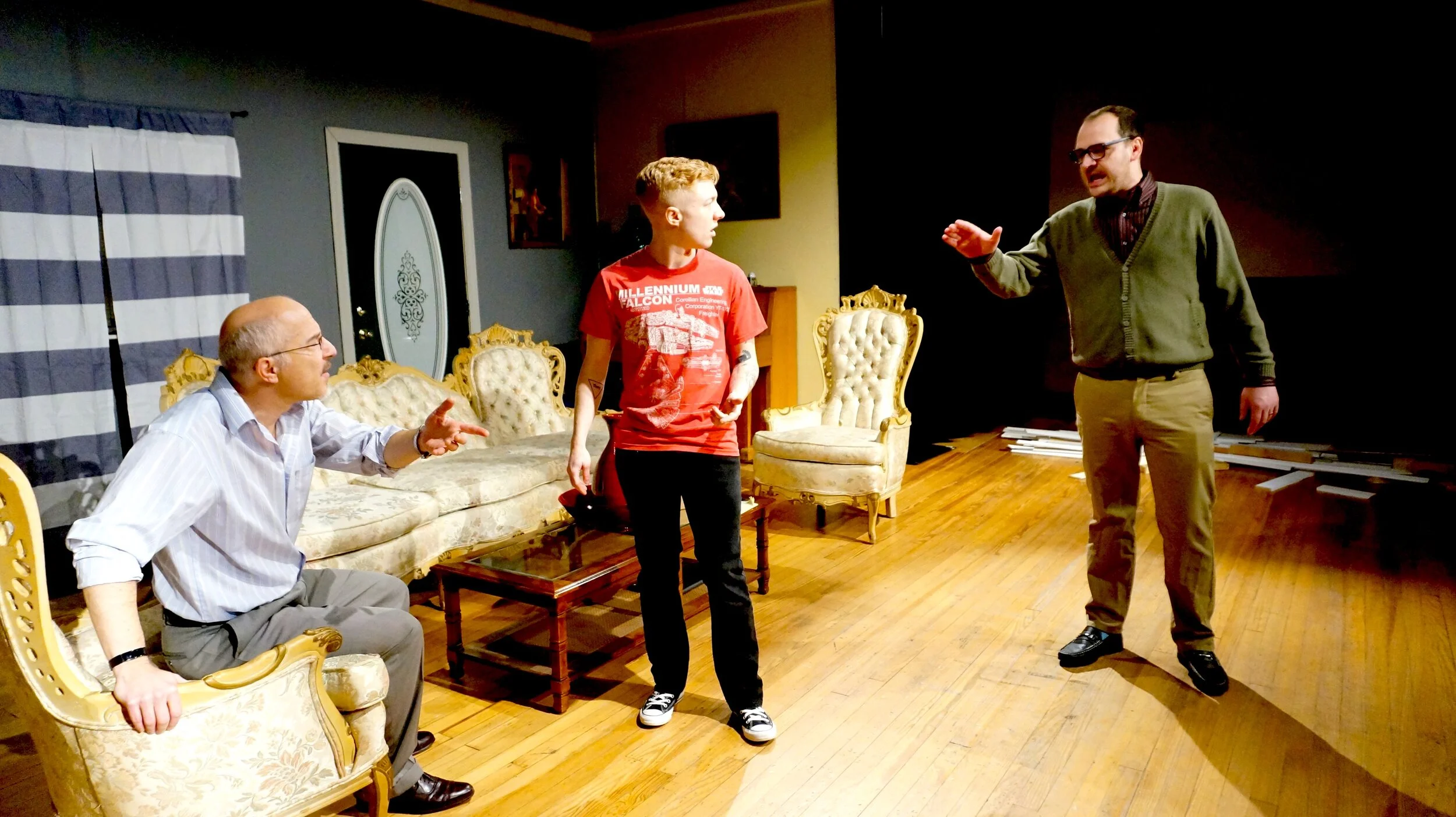 (L - R) Craig Kemp, Evren Wilder, and Zachariah Stonerock in Prospect Hill, by Bruce Walsh, produced by Fat Turtle Theatre Co., Indianapolis, IN.
