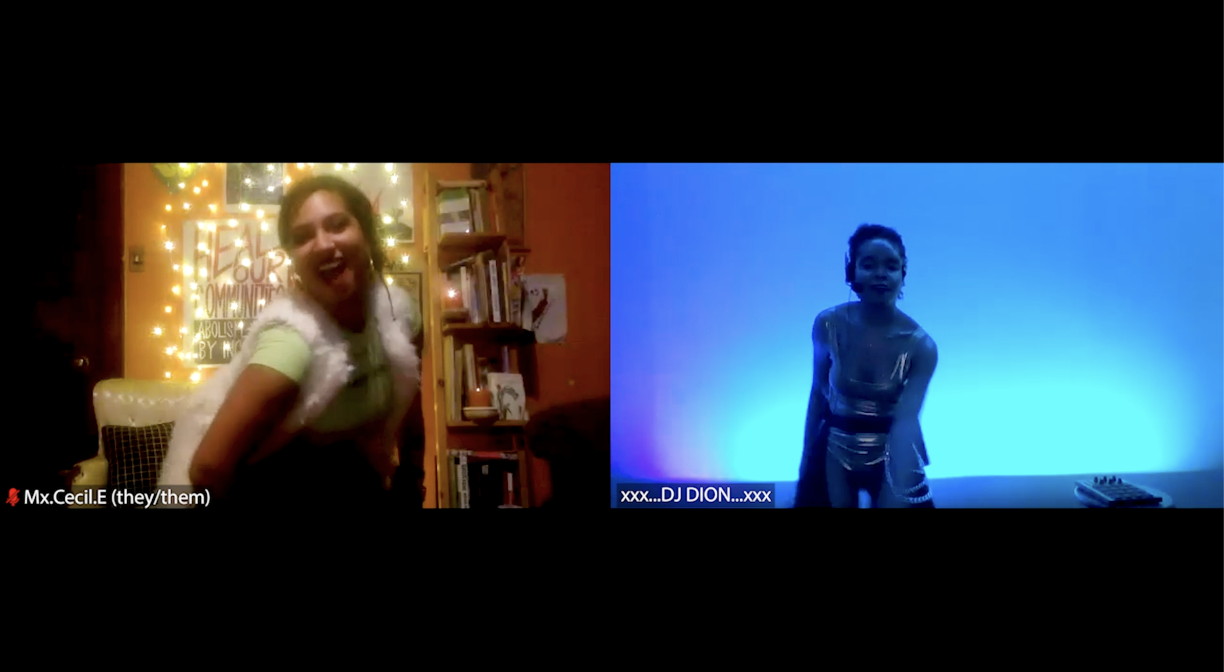 Screenshot of Alexandra’s play "exxx...stasis, exxx...hale..." virtually produced by Villanova Theatre // Actors: Jackie Soro (left) and Ang Bey (right) // Photo: Hezekiah Lewis (director of photography)