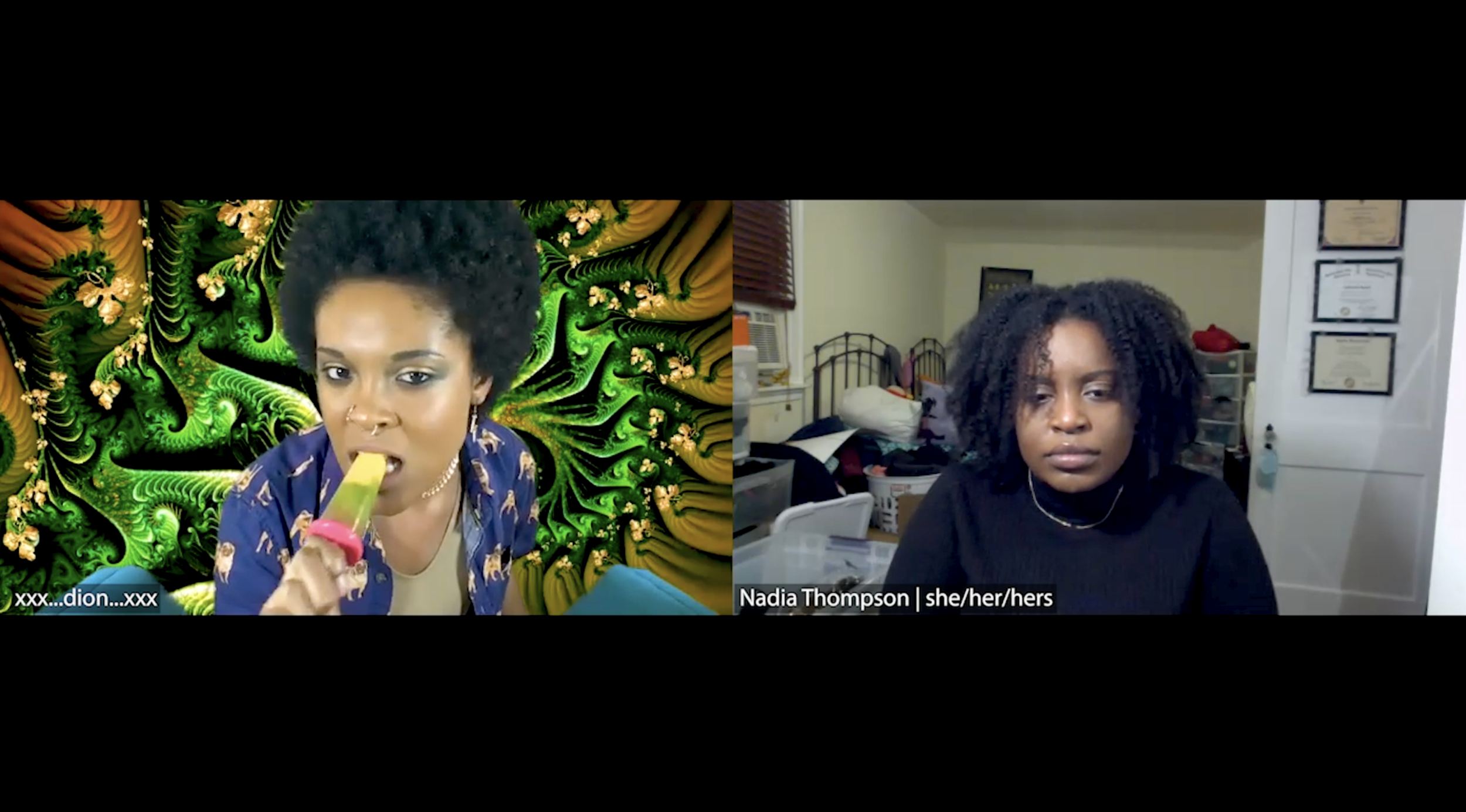 Screenshot of Alexandra’s play "exxx...stasis, exxx...hale..." virtually produced by Villanova Theatre // Actors: Ang Bey (left) Breyana McGriff (right) // Photo: Hezekiah Lewis (director of photography)