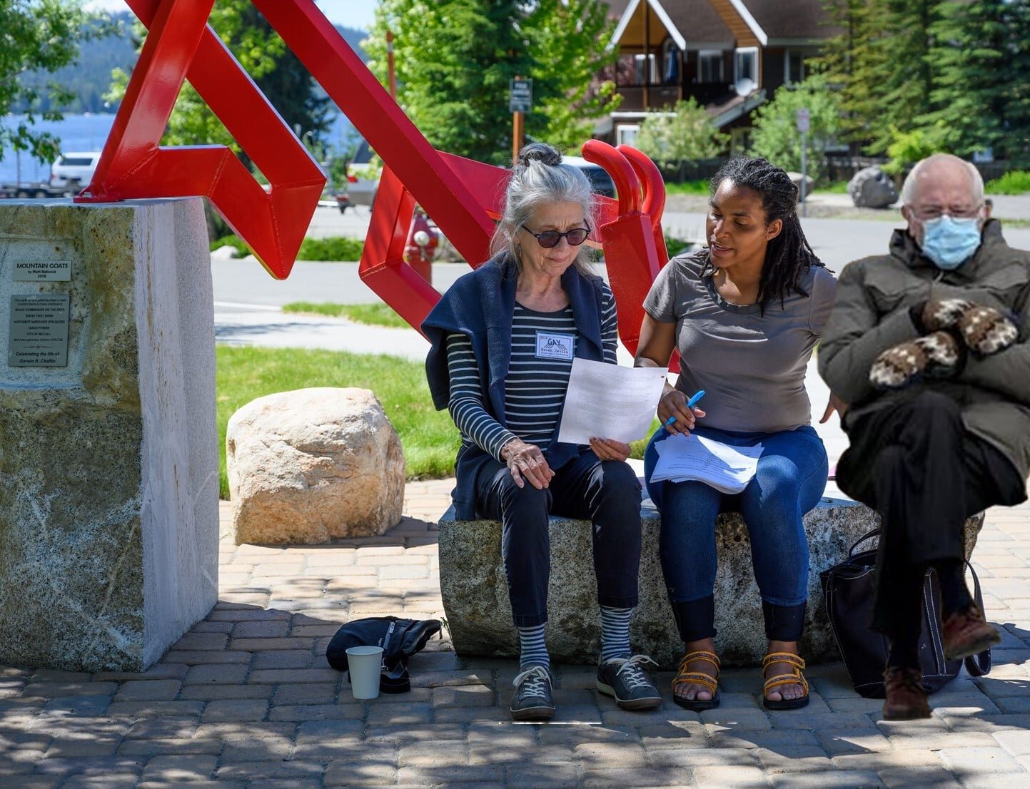 Alexandra, dramaturg Gay Smith, and a special guest at Seven Devils Playwrights Foundry in 2019 for a reading of Homeridae // Photo: Sarah Jessup; Meme: director Jeni Mahoney