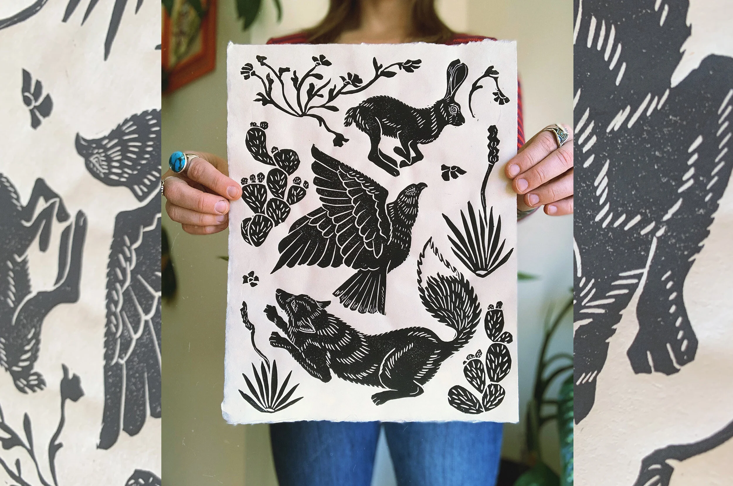  “Primitive Pursuit” Block print on kitakata paper, 9.5 x 12.5” Available for purchase  HERE  