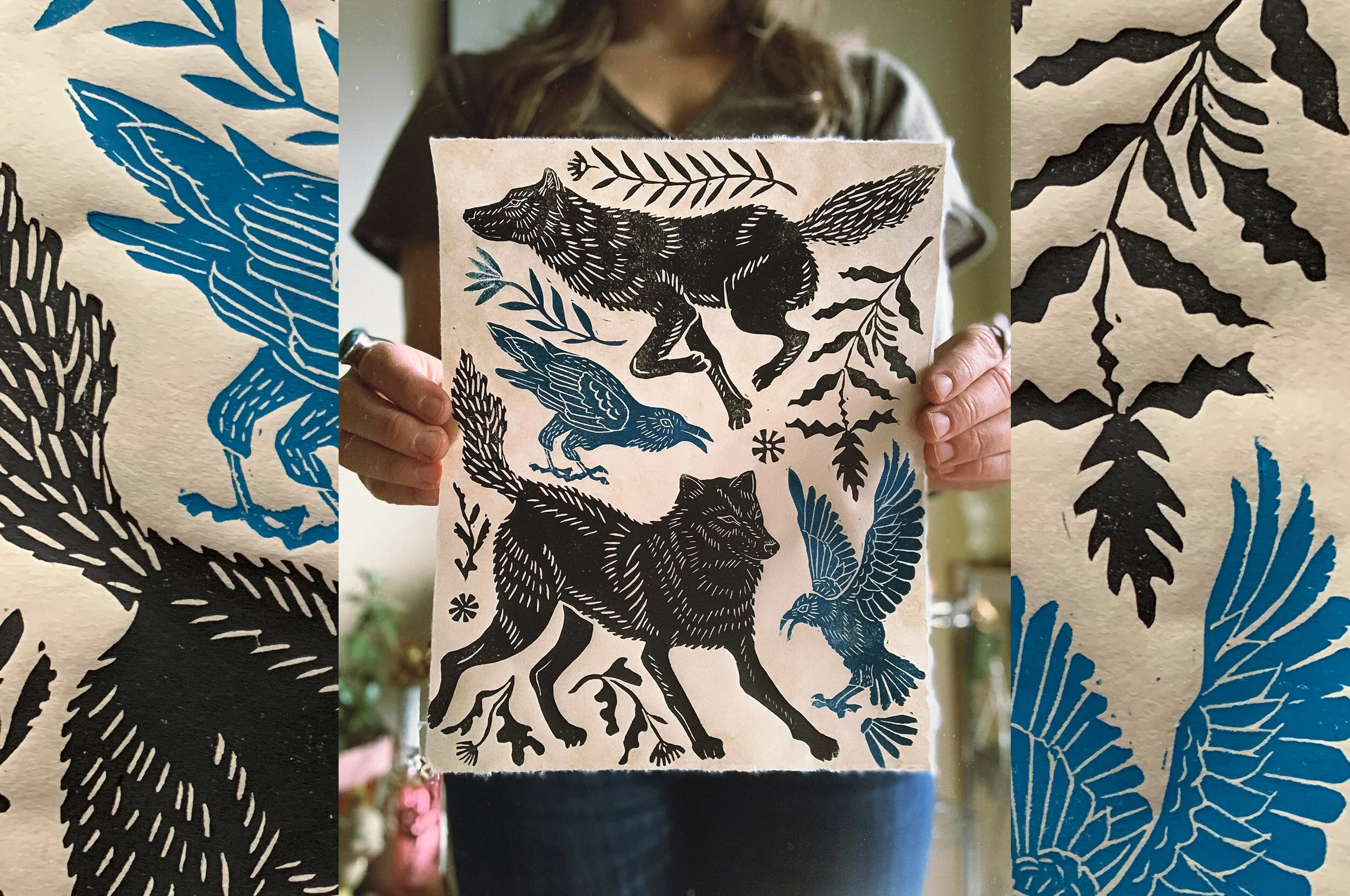  “The Wolf and the Raven” 8 x 10” duo color block print on kitakata paper. Print available for purchase  HERE  