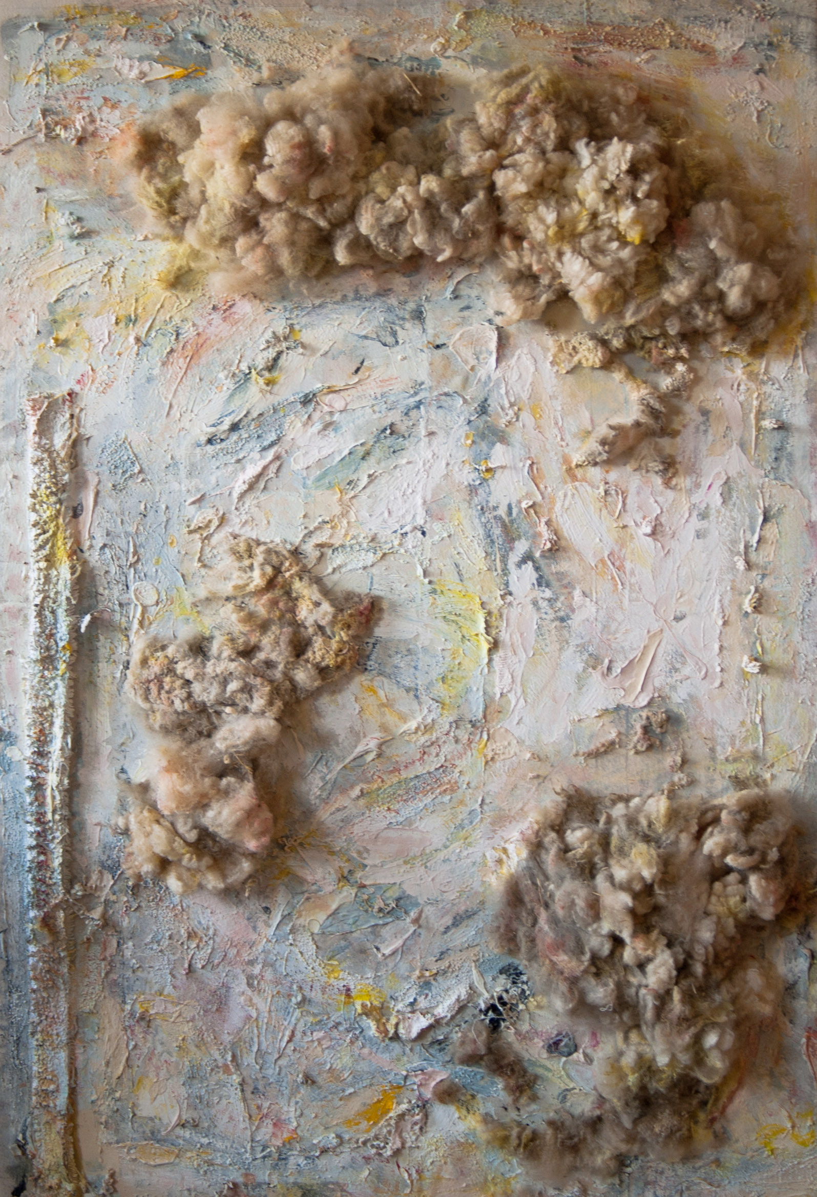  untitled I (2), new york city, 2015    oil, acrylic, sheeps wool, and carpet on unprimed canvas    63.5 x 43 inches 