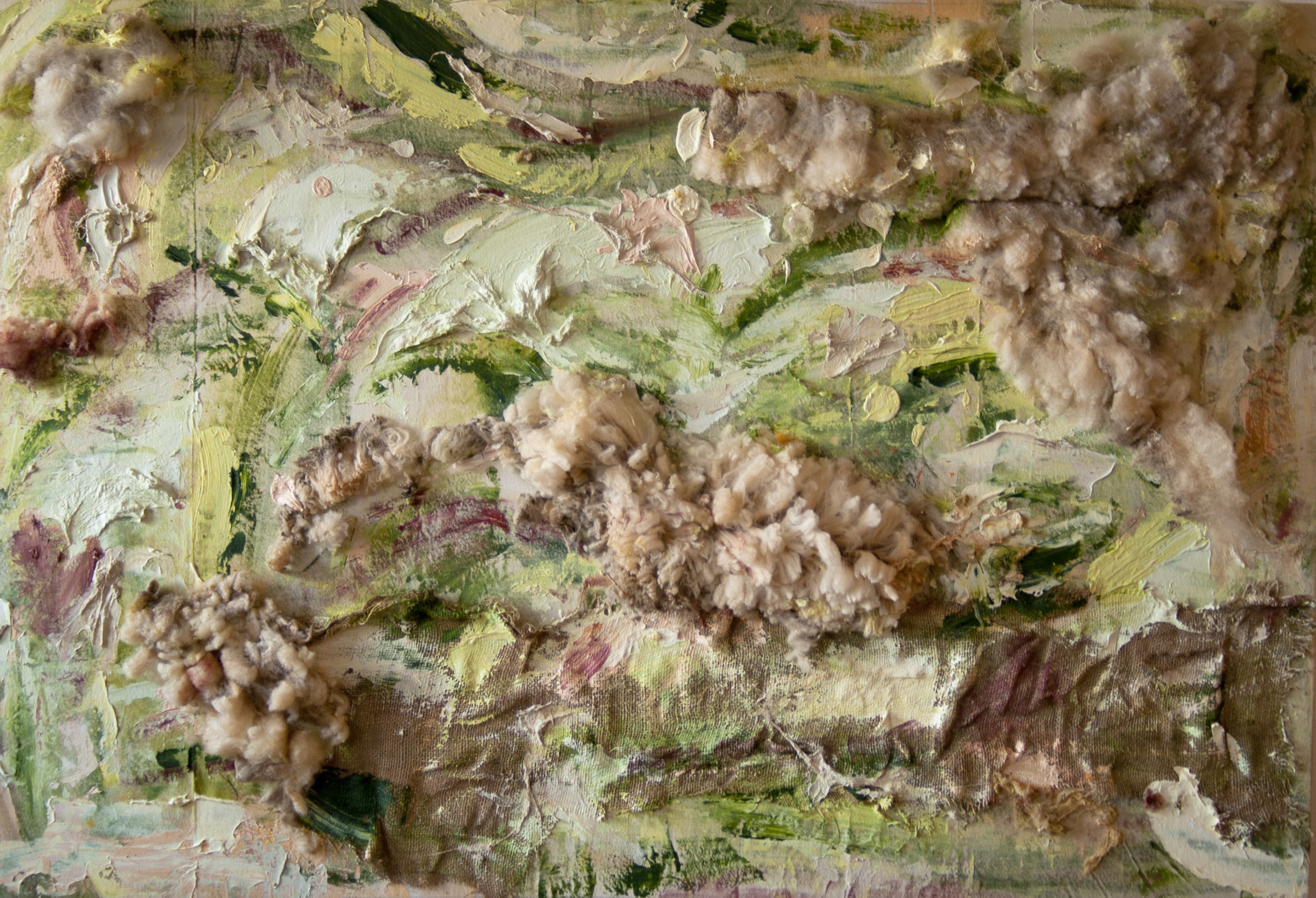  untitled I (sheep meadow), nyc, 2015    oil, acrylic, sheep wool, and burlap on unprimed canvas    43 x 63.5 inches 