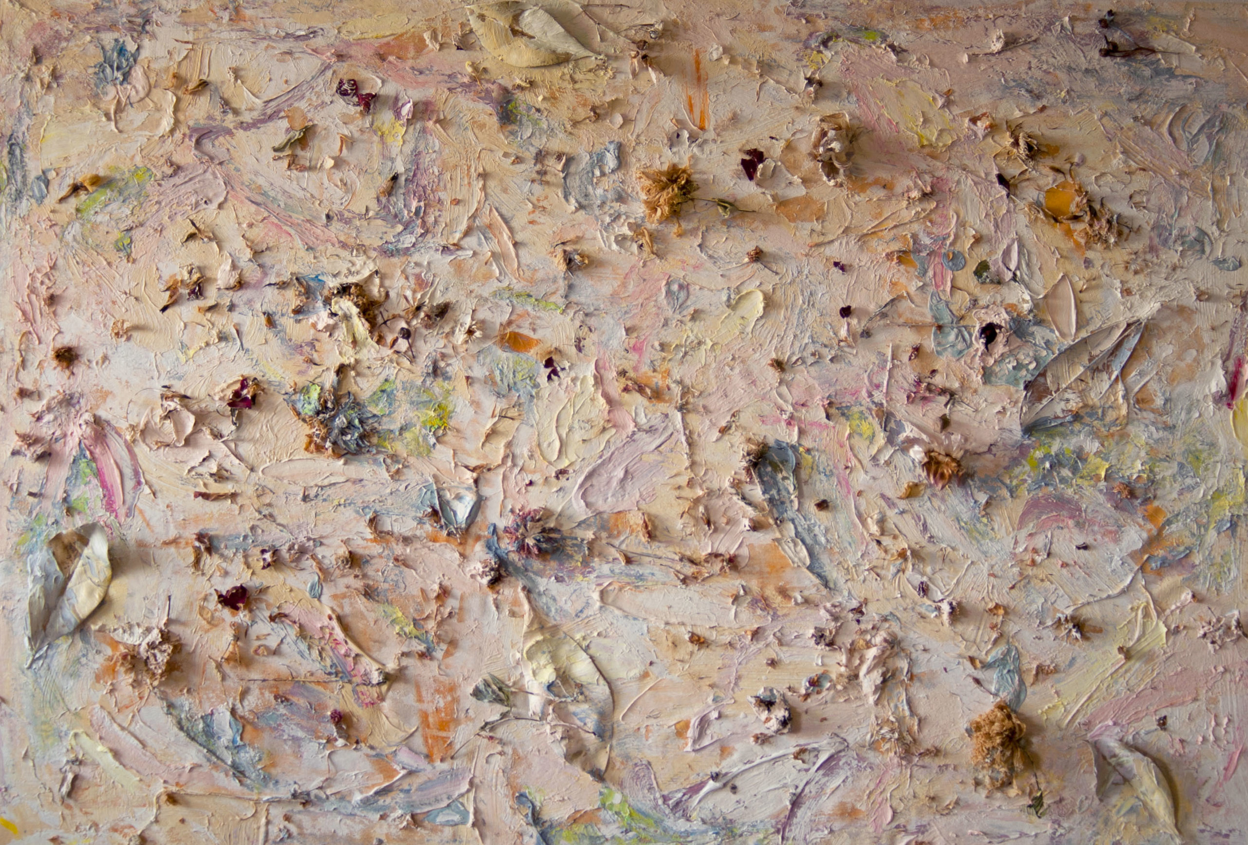  untitled i (4), New York City, 2015    oil, dried foliage, and egg shells on unprimed canvas    42 x 60 inches 