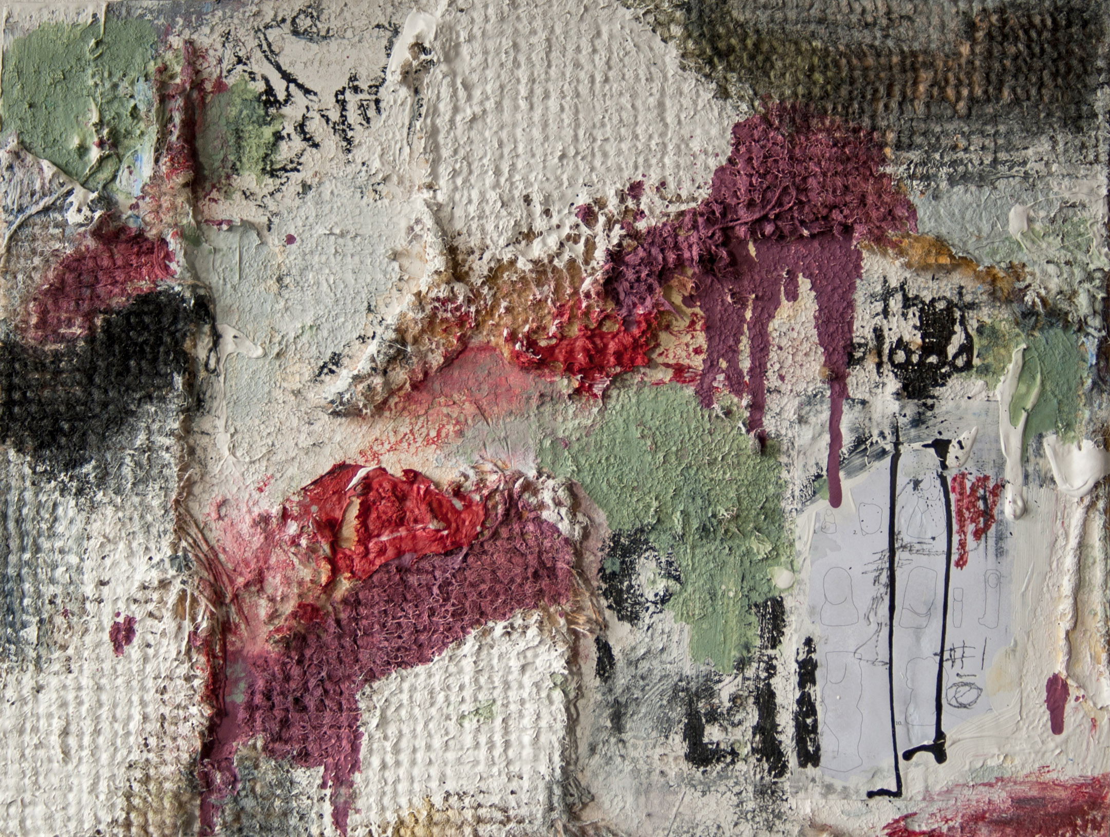  number 2, things collected in 24R, New York City, 2015    oil, graphite, ink, oil pastel, paper, and carpet on wood    18 x 24 inches 