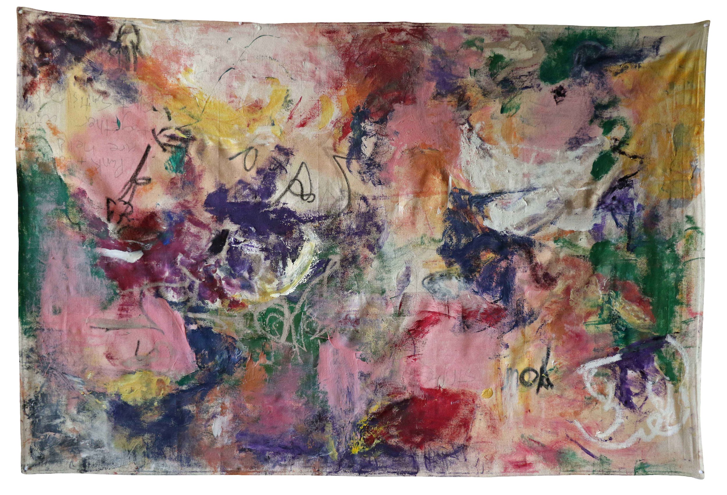   punk &amp; folk are held together by Elliot Smith's pinky , Community Garden, New York City, 2016    oil, graphite, and oil pastel on unprimed canvas    48 x 72 inches 