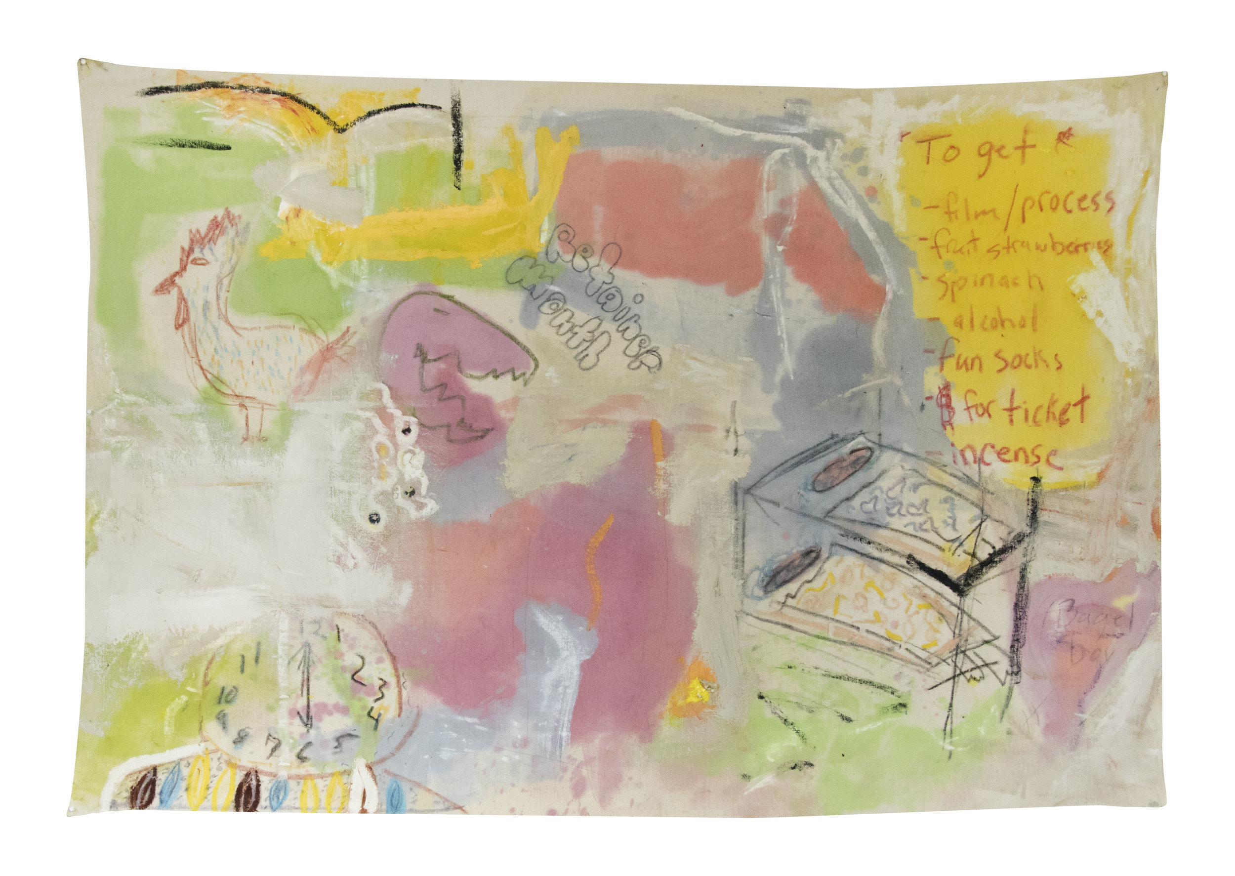   morning chatter , California Carport, New York City, 2016-17    oil, graphite, oil pastel, oilstick, and crayon on unprimed canvas    48 x 72 inches 