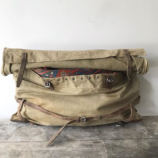 Antique European canvas utility/saddle bags.  Canvas construction with wood, leather, and brass fittings.  Approx 31&rdquo; x 17&rdquo;. Two loop hooks on verso allows them to hang. $150 each includes delivery to GTA.  Five available *all sold now