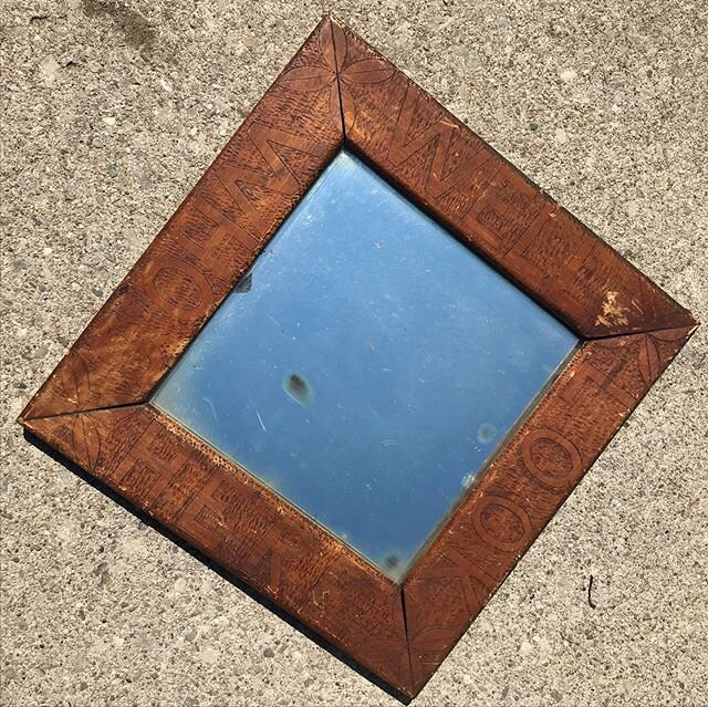 This Victorian mirror has the words &ldquo;WELL LOOK WHO&rsquo;S HERE&rdquo; engraved around the frame. The best! 12 1/2&rdquo; square... *sold*