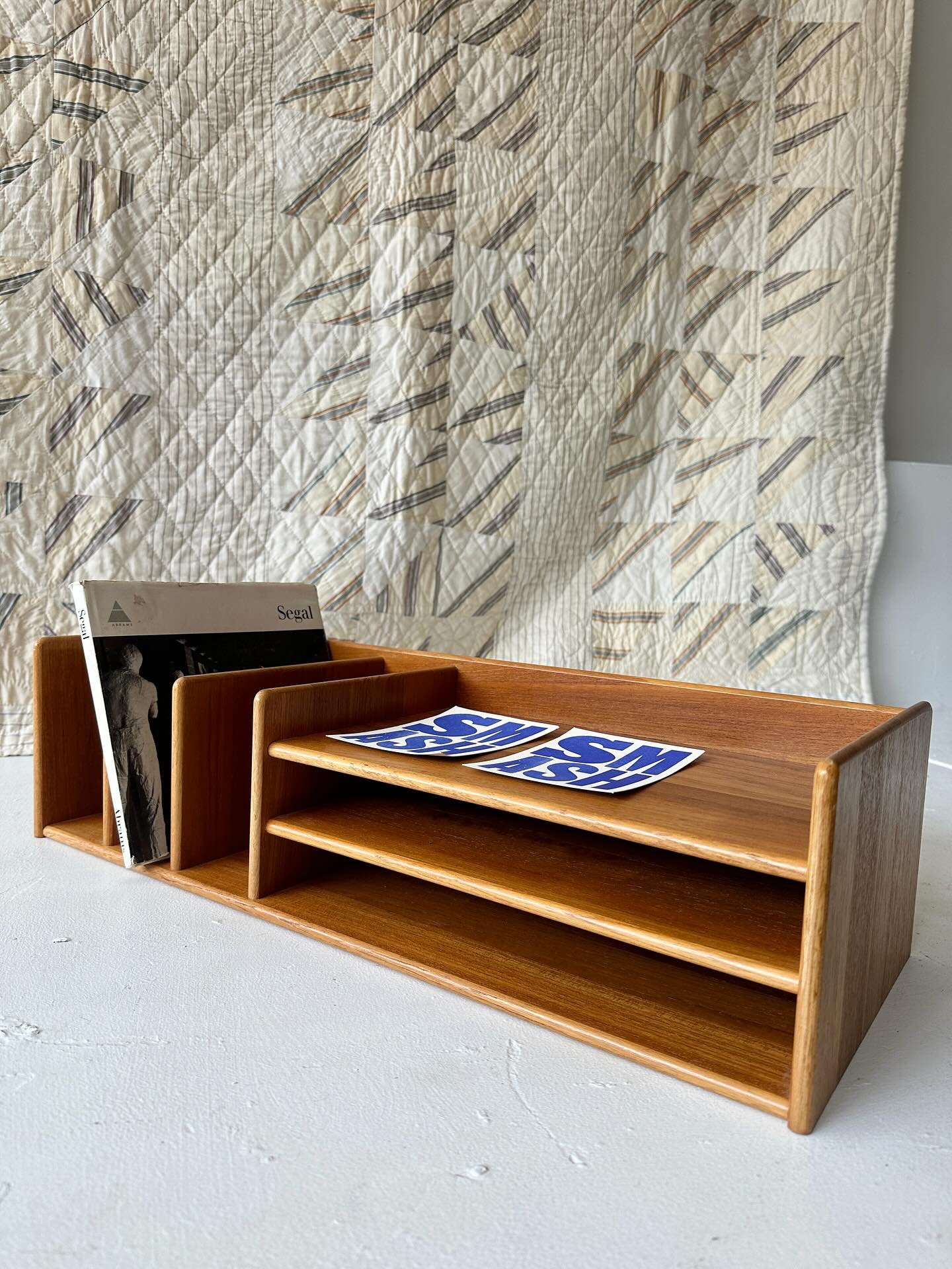 VERY high quality Danish teak desk organizer.  This is the last of the excellent collection from a single house that we have been posting all week.  Even the maker label is gorgeous and should be blown up into a poster (see last slide)&hellip;Great a