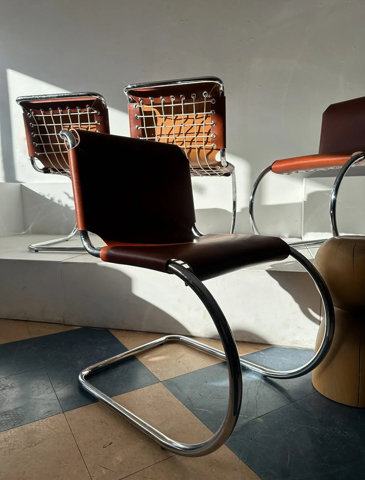 Good morning! THRILLED to offer up this newly arrived set of four Mies Van Der Rohe MR chairs expertly refurbished by @eleventhirtyshop.  All naturally tanned saddle leather, woven cotton cord webbing, on a set of original mid century frames. Width 1