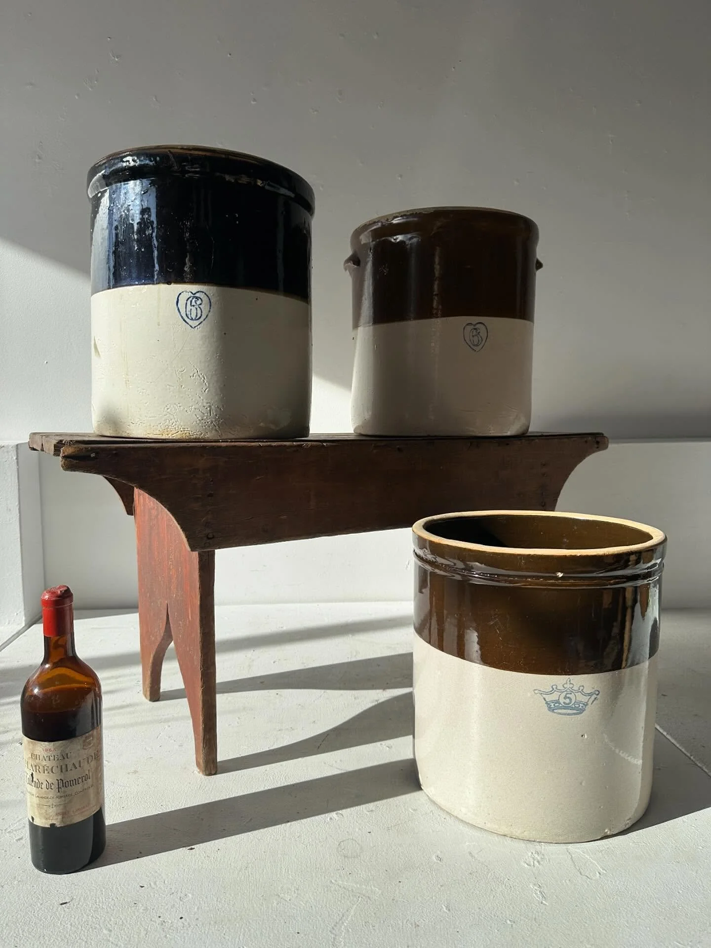 Three nice large stoneware crocks. Upper two are six gallon.  The bottom one is five gallon.  Top left has a hairline crack, but the heart decoration makes it a winner. $225 plus HST for THE LOT includes GTA delivery 🖤