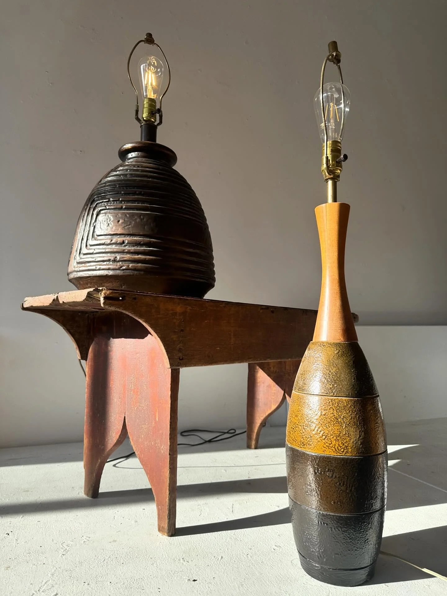 Two 1960s pottery table lamps.  Chunky large brutalist one is 12&rdquo; wide and 27&rdquo; to finial.  The more slender pottery and teak one is 35&rdquo; high. $125 each plus HST includes GTA delivery ❤️