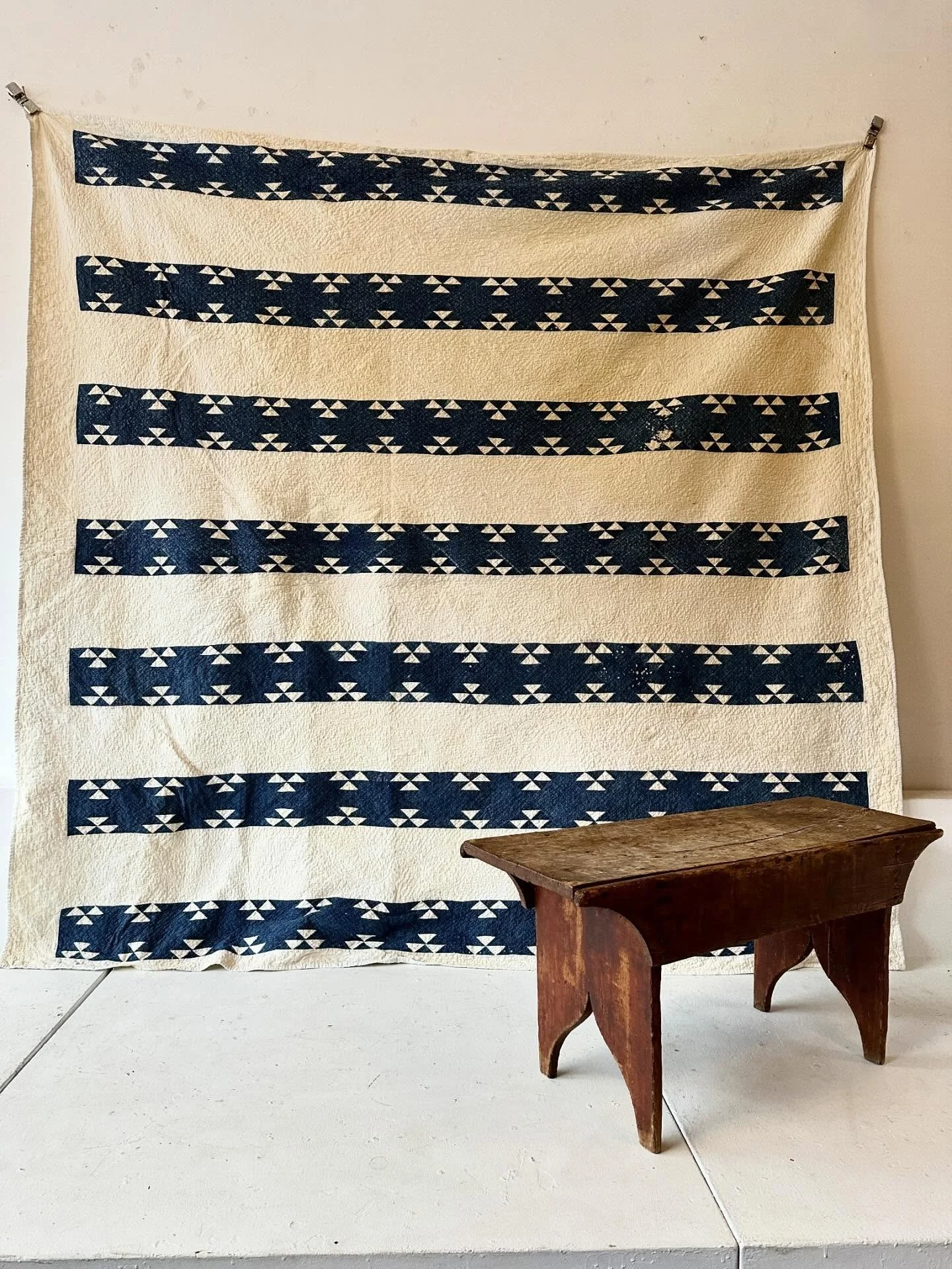 Very ornately stitched 19th century Ontario cotton quilt.  Some areas of degradation and yellowing, both simply from age.  Very compelling pattern.  Preppie vibes.  Approx 82 1/2&rdquo; square&hellip;$225 plus HST includes GTA delivery 💙*pending