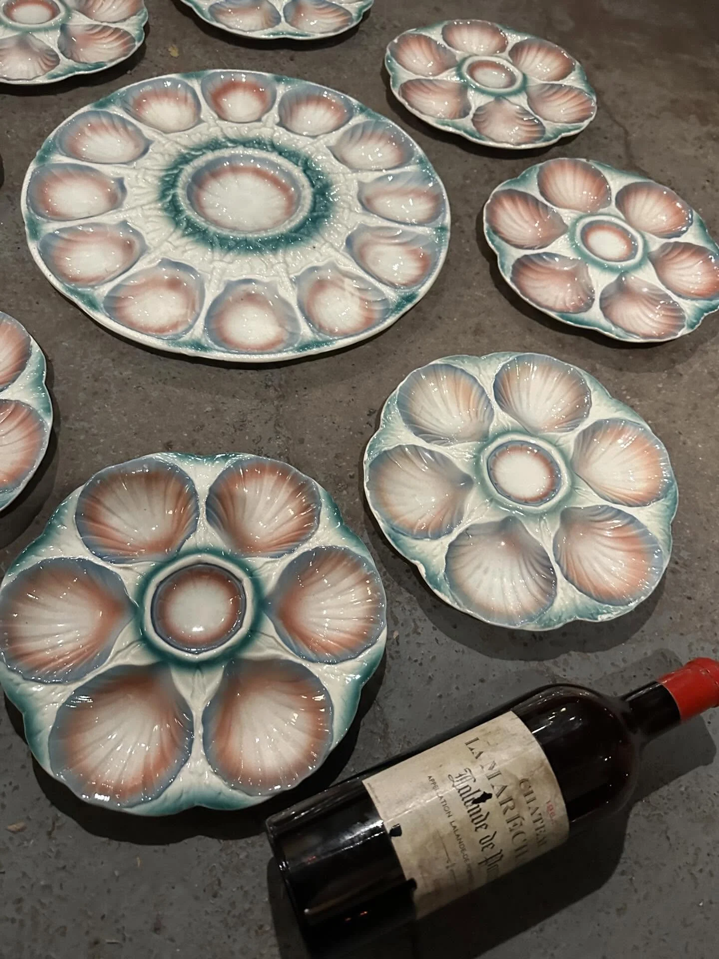 A fantastic set of eight antique faience oyster/shellfish plates and a large central platter.  By Sarreguemines, France&hellip;Plates are 9 1/2&rdquo; and platter is 15&rdquo;..$450 plus HST includes GTA delivery no later than next week 🦪