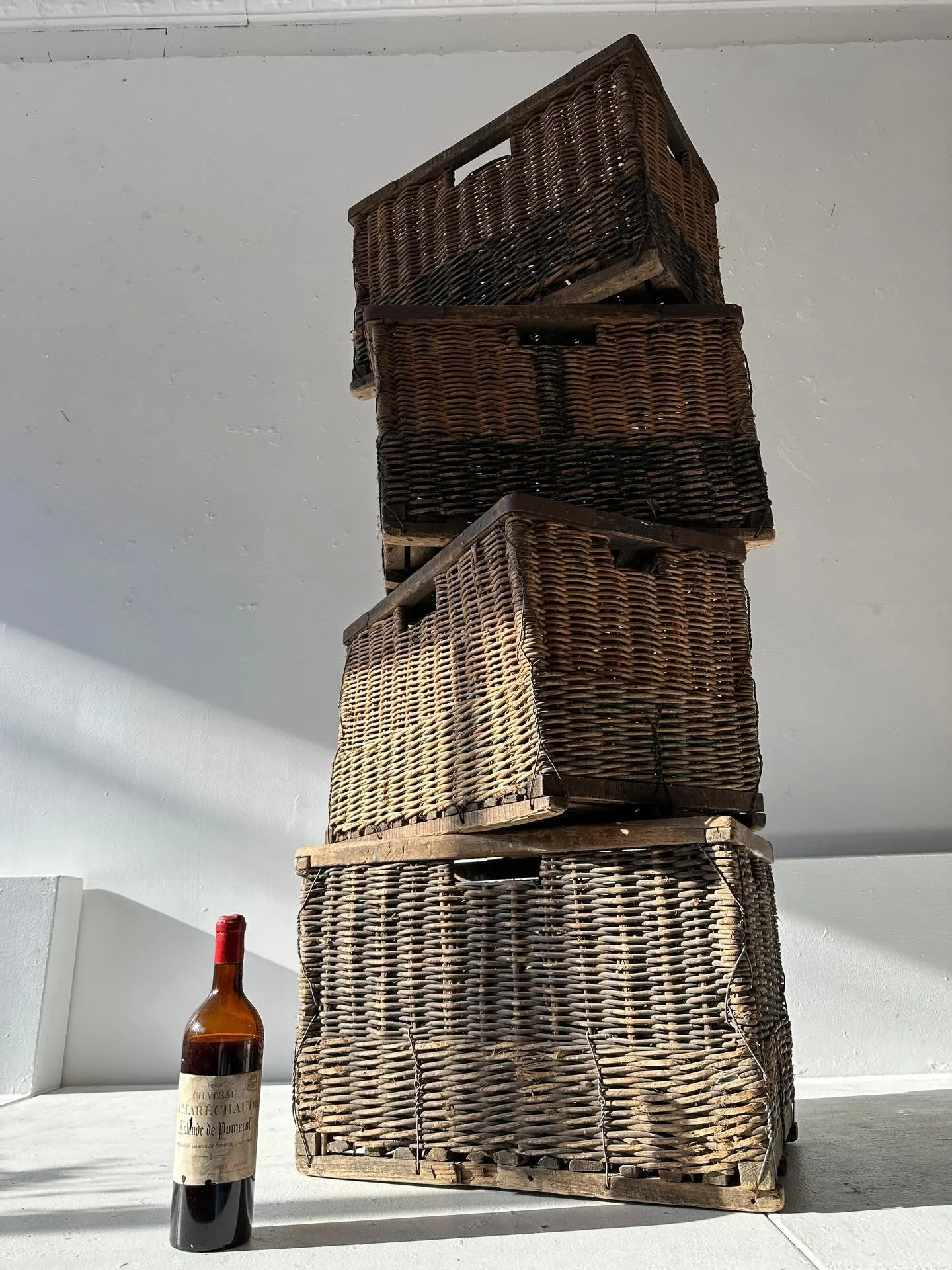 19th century French wicker wine crates.  23&rdquo; x 15&rdquo; x 16&rdquo; high.  Bamboo dividers inside to hold fifteen bottles each.  Four available. $265 plus HST each includes GTA delivery by the end of next week 🍷