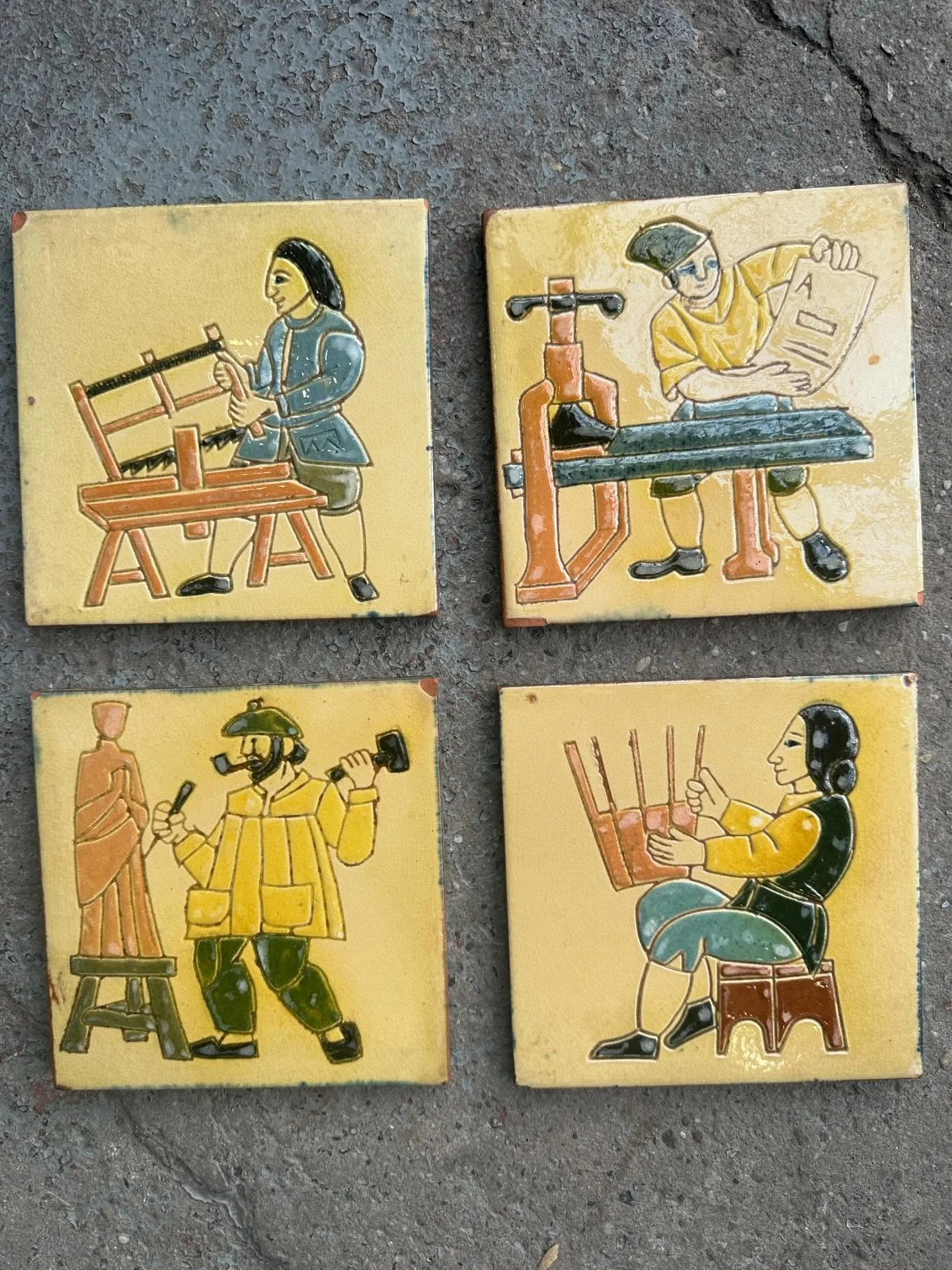 Delightful set of four French mid to late 19th century tin glazed 6&rdquo; tiles with occupational/craftsmen subjects.  Sculptor/printer/carpenter/basket weaver.  No maker marks.  Minor glaze loss.  As a set please&hellip;$300 plus HST the lot includ