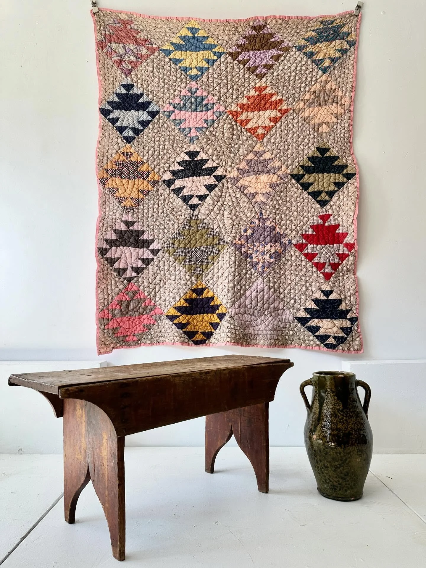 I&rsquo;d guess this very pretty quilt is from around the 1930s judging by the fabrics.  Nice, heavy cotton quilt with a fun pink backing.  Ornately stitched.  Good condition.  Approx 70&rdquo; x 54&rdquo;&hellip; 😊*sold