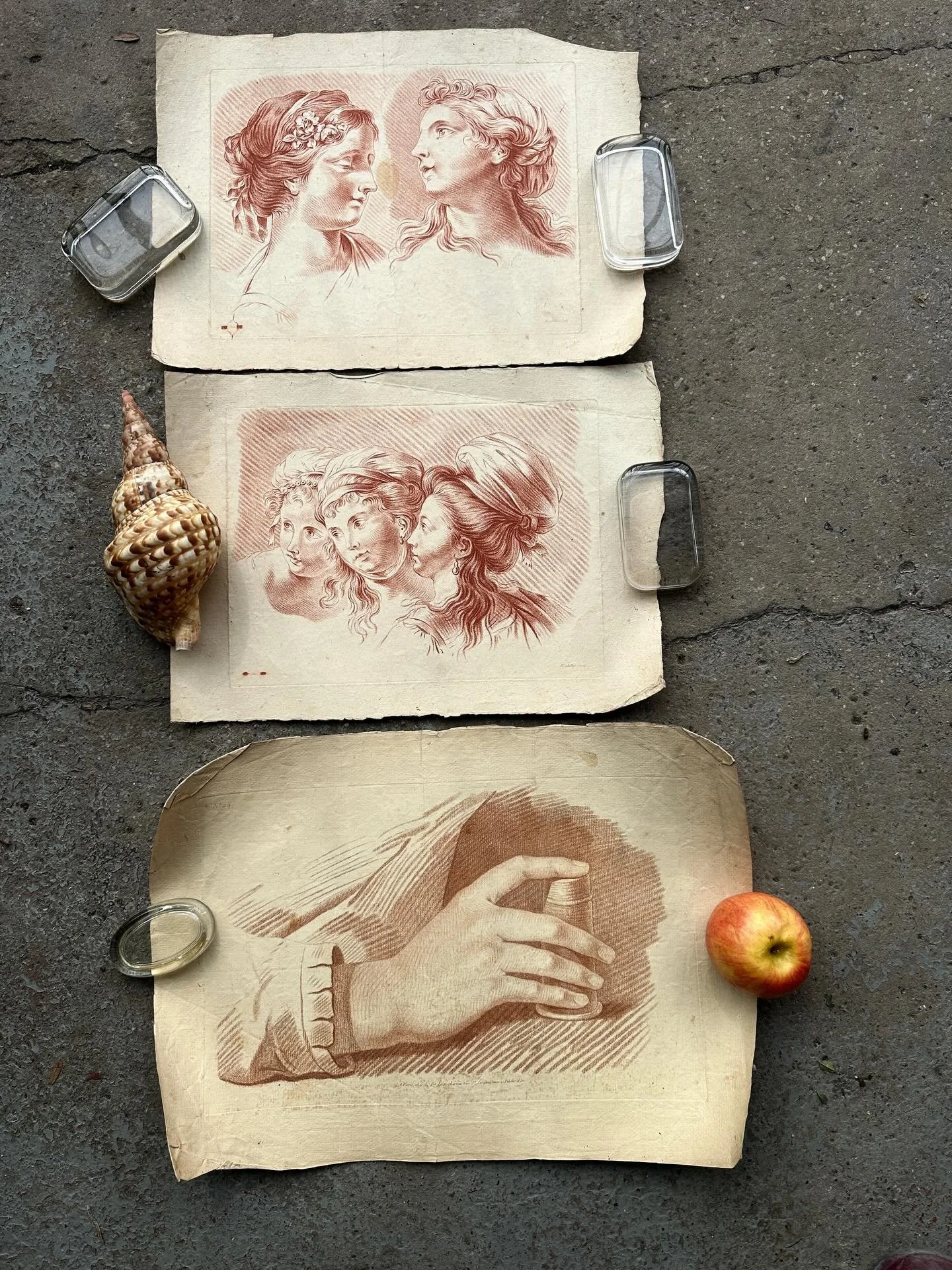 Three very good original 18th century French stipple engravings.  An involved process meant to replicate chalk sketches.  The upper two are 16&rdquo; x 11 1/4&rdquo; and the lower one is 19&rdquo; x 13&rdquo;. Some minor discolouration and wear..$225