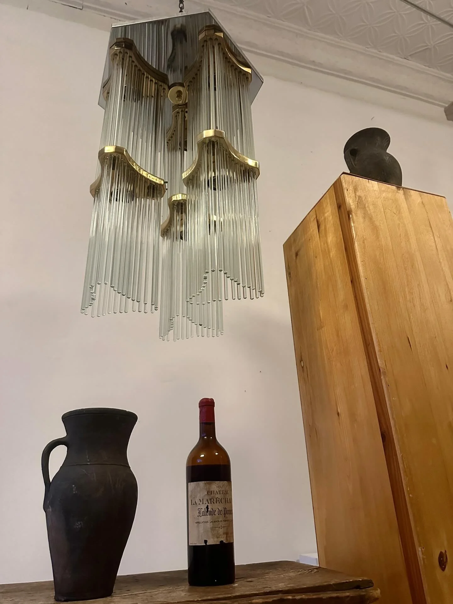 Just assembled this fantastic Gaetano Sciolari chandelier for Lightolier.  All of the components are top notch and beautifully arranged.  Originally a flush mounted fixture, I&rsquo;ve had a loop added simply for display purposes but you could absolu