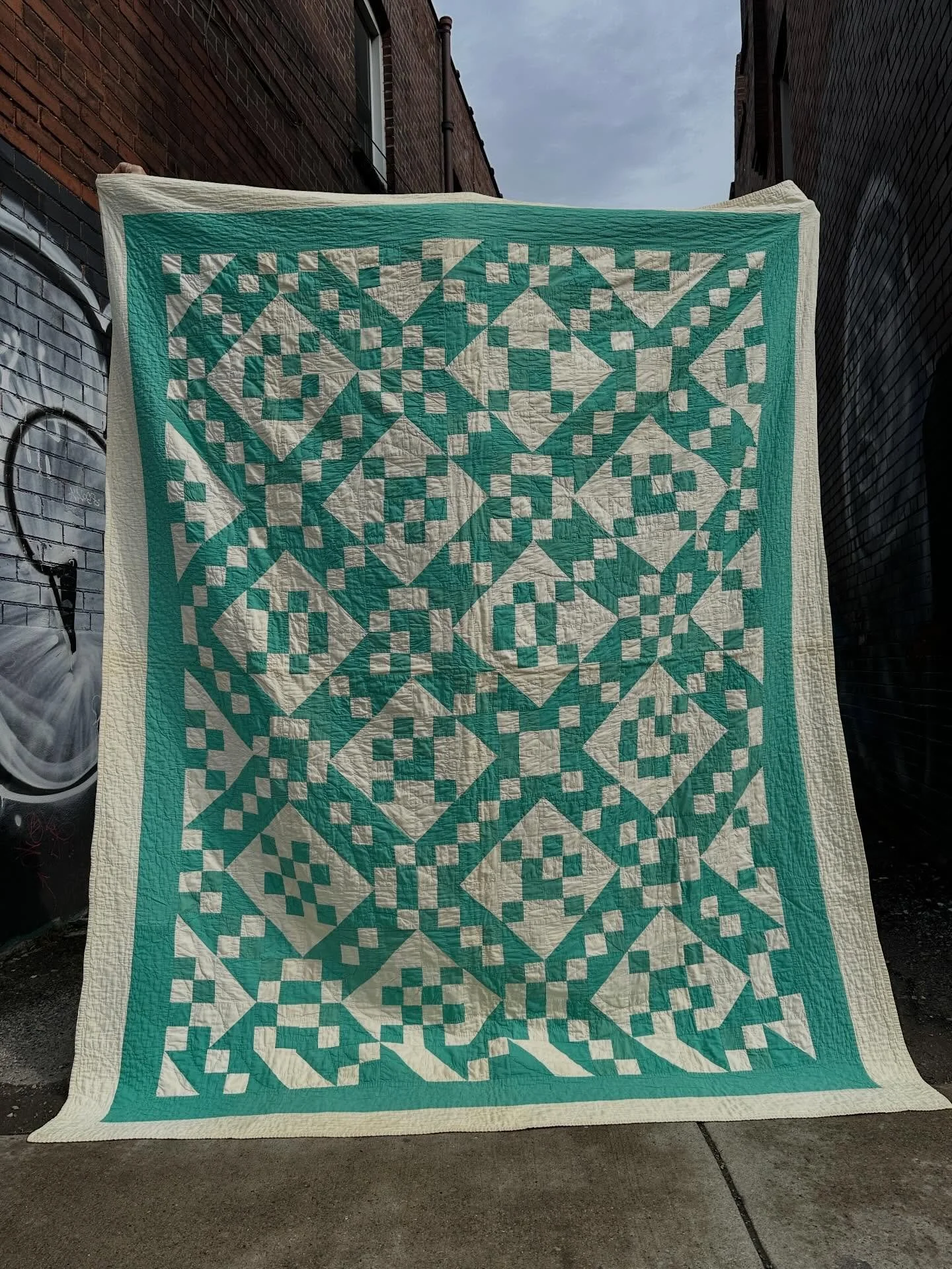 Curious 1930s or so Ontario cotton quilt.  Strange, irregularly composed blocks&hellip;88&rdquo; x 70&rdquo;&hellip;$325 plus HST includes GTA delivery 🌿*sold