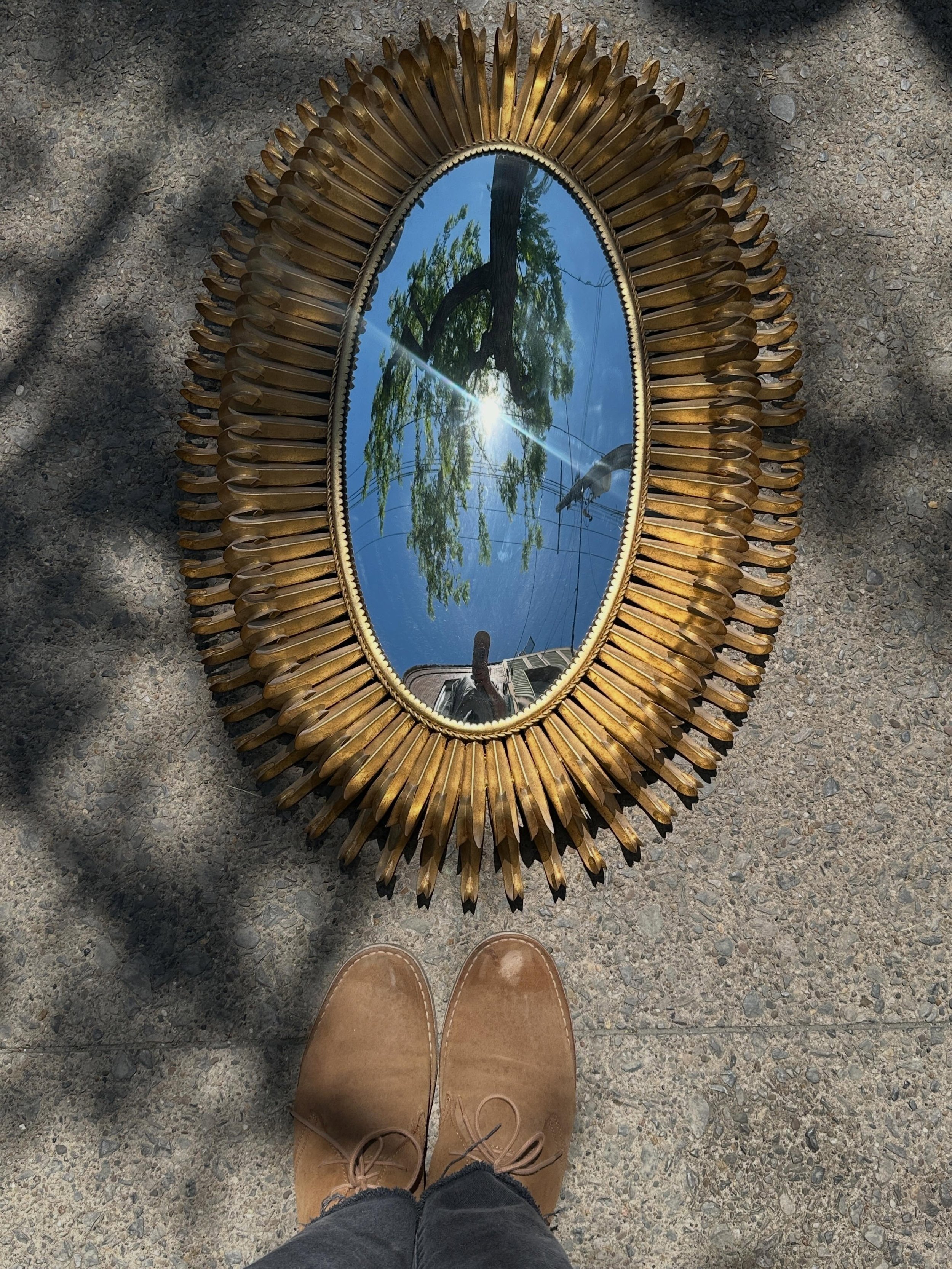 Fantastic convex oval mirror.  1980s&hellip;Highly decorative metal surround&hellip;32&rdquo; x 21 1/2&rdquo;&hellip;$325 plus HST includes GTA delivery ✨✨✨