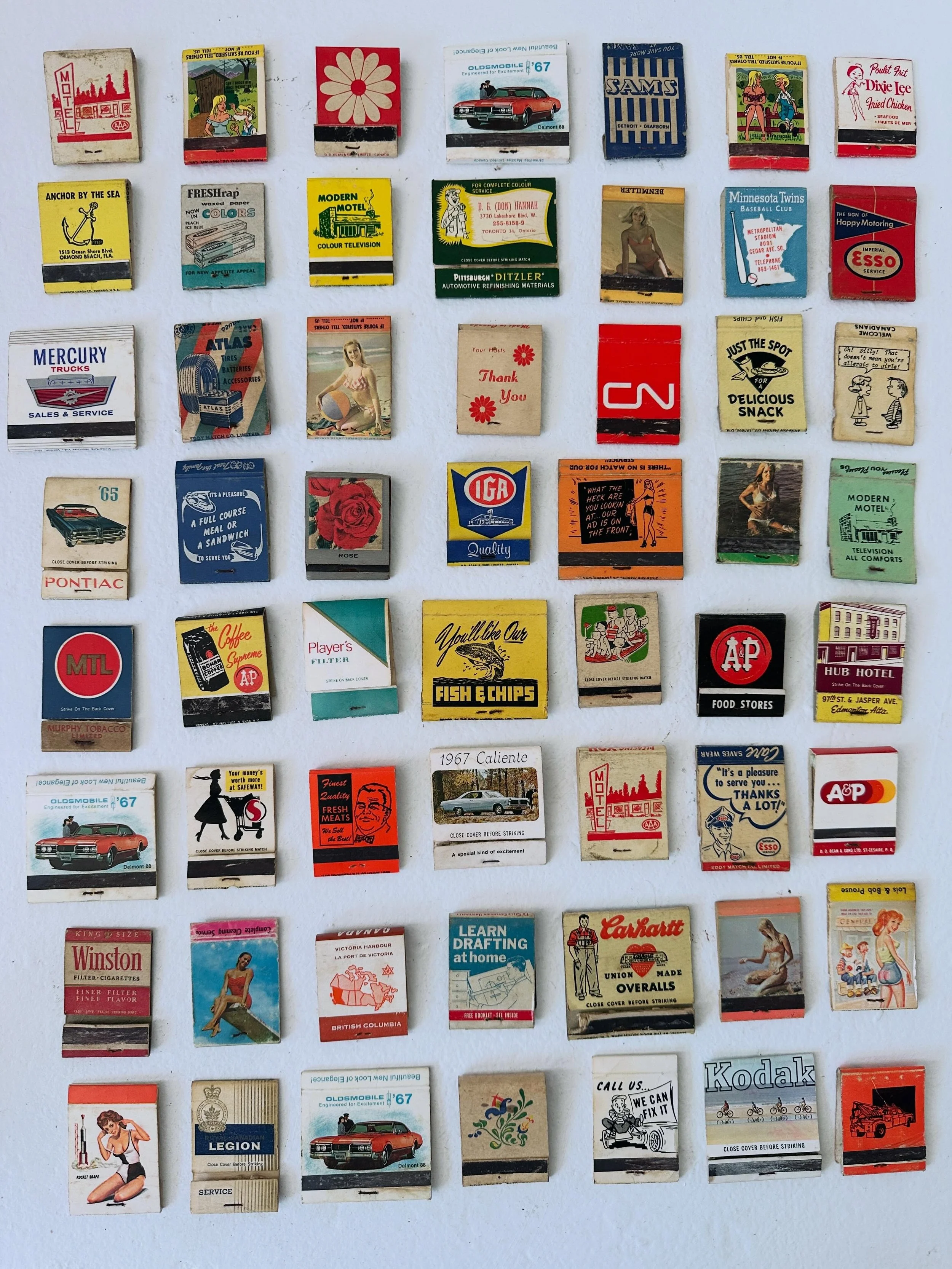 Collection of fifty-six 1940s-60s match covers.  The Carhartt one merits its own little frame🔥*SOLD
