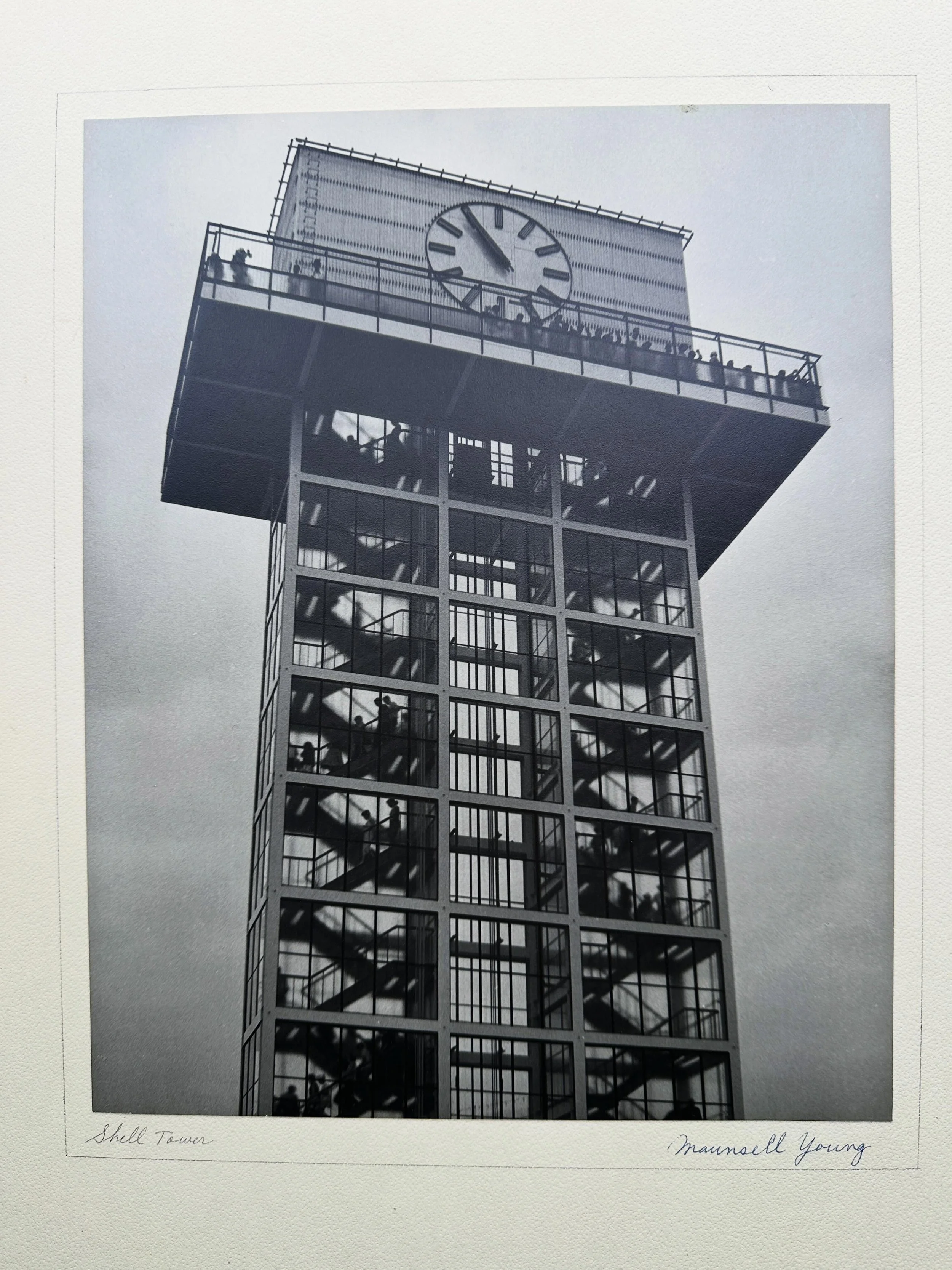 Another excellent large photograph by Ontario photographer Mannsell Young.  A view of one of Toronto&rsquo;s earliest and best pieces of Modernist steel and glass architecture, the Shell Tower (later Bulova Tower)..matted, signed, titled.  Again, wit
