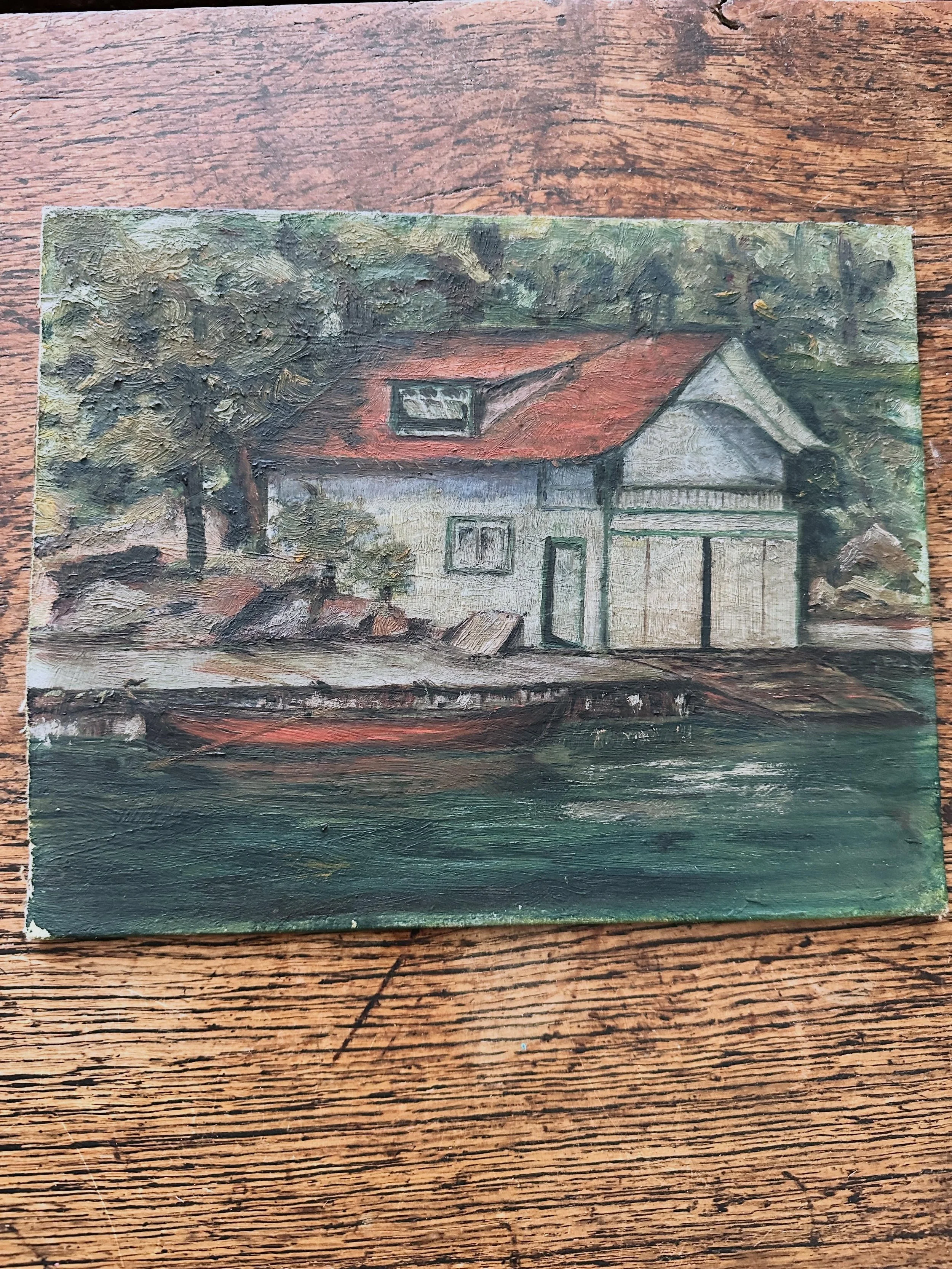 Good morning! Great little rendering of a Muskoka boathouse&hellip;circa 1930s or 40s oil on board&hellip;10&rdquo; x 8&rdquo;&hellip;$150 plus HST includes shipping in Canada 🛶 *SOLD
