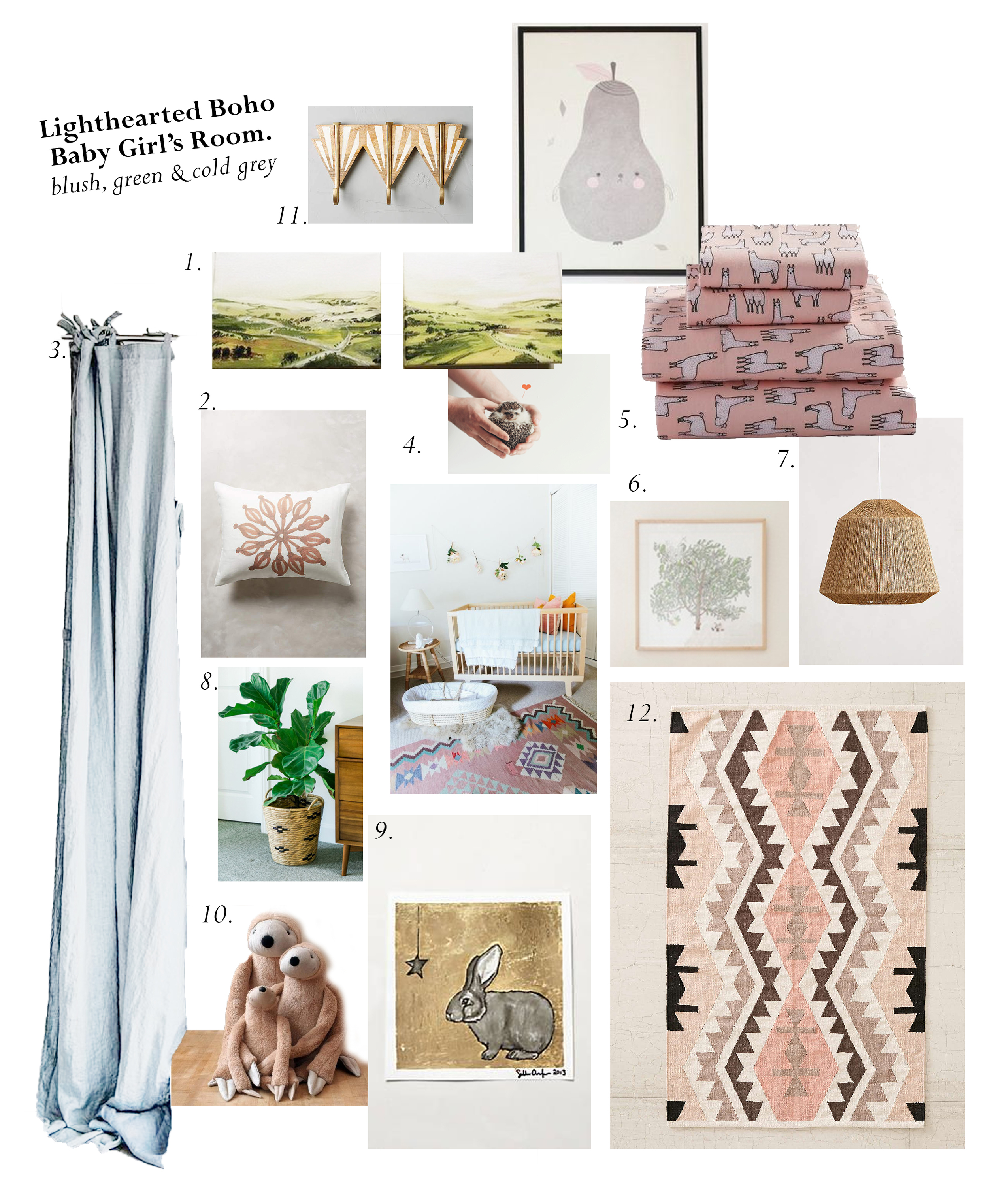  I put together this mood board to share with you guys, because, Hey! it's Friday! Oh...and aside from photographing and painting things, I spend to much time on pinterest. (Go figure). I frequently get asked about why I make "cute art" and the simple truth is I enjoy the freedom of kids rooms. Anything goes really, you just reach for what makes you happy. There's a certain casualness of mix matched art that can mix with the chaotic messes of kids. Also I'm a total sucker for soft colors and anything animal. 1. Country Roads 2. Pillow 3. Linen Curtain 4. Hedgehog 5. Llama sheets 6. Watercolor tree 7. lamp 8. Fiddle fig 9. Bunny 10. Sloth stuffed animal 11. Wall hooks 12. Rug