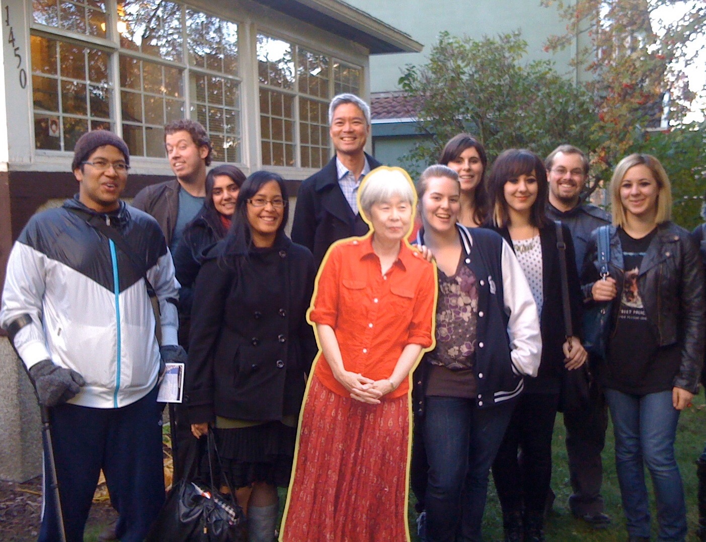 KPU field researchers enjoying the gardens of the Historic Joy Kogawa House with the author herself -- but as a cardboard cutout!