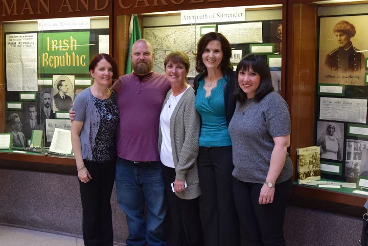 The curators: Art librarian Mary Glynn, artist and professor Matt Greco, Patricia McCloskey of Irish Studies, Queens Oral History Project director Eileen Colleran Sprague, and Linda Jackson of the art department