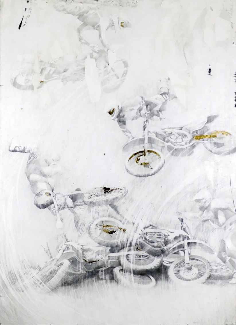 Newton’s Law. 2016, graphite and gold leaf on paper, 84 x 56 inches