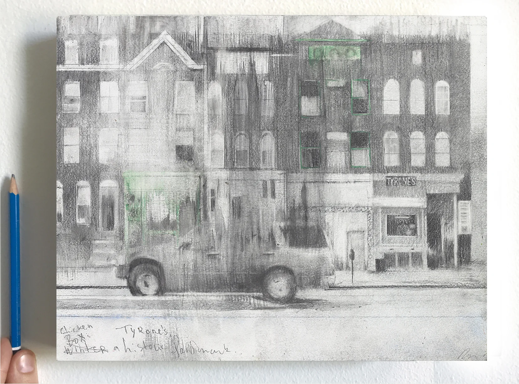 Tyrone’s. 2018, graphite and pigment on panel, 9 x 11 inches