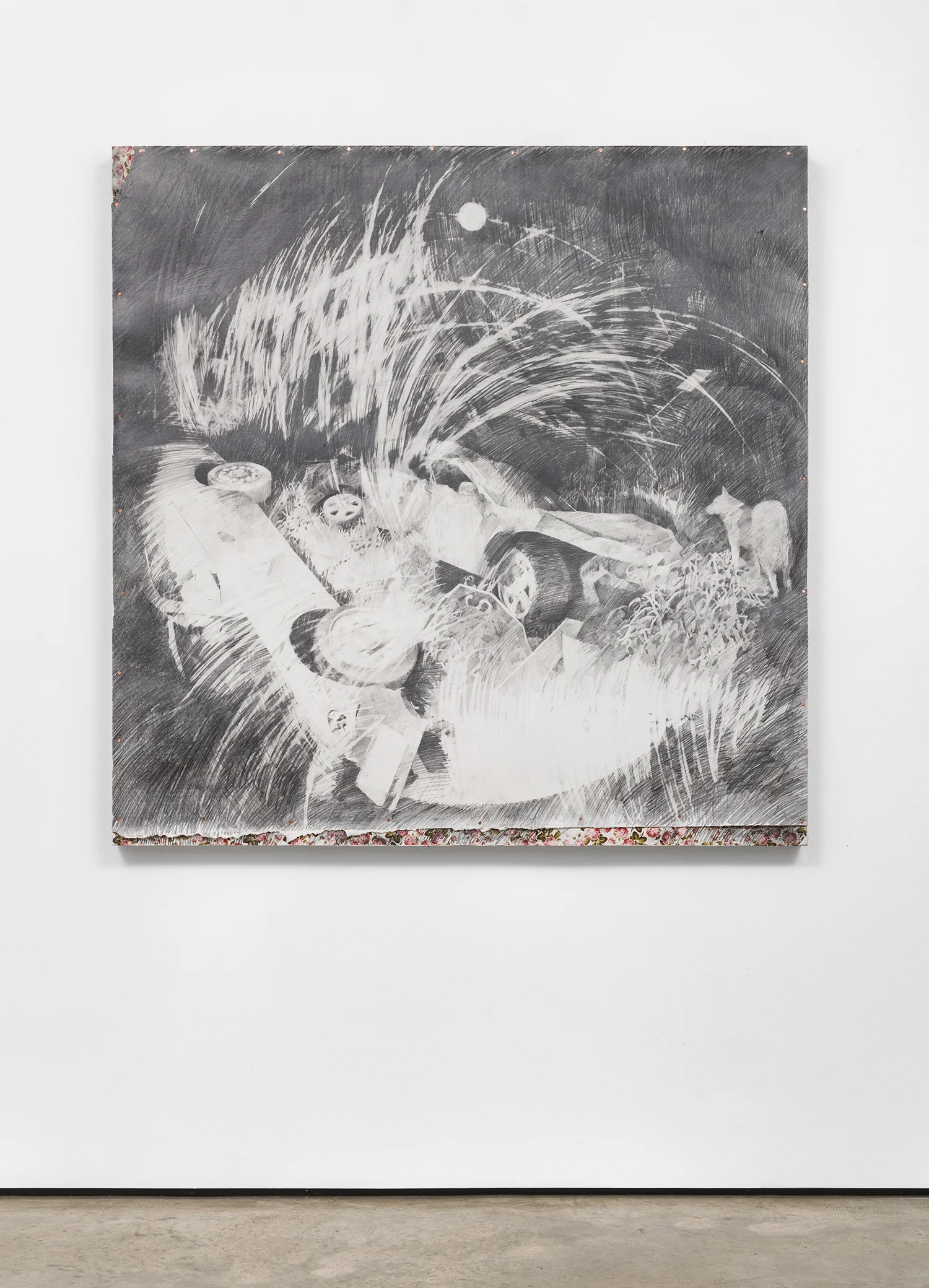 The Wolves. 2018, graphite on paper and vintage wrapping paper, 54 x 54 inches