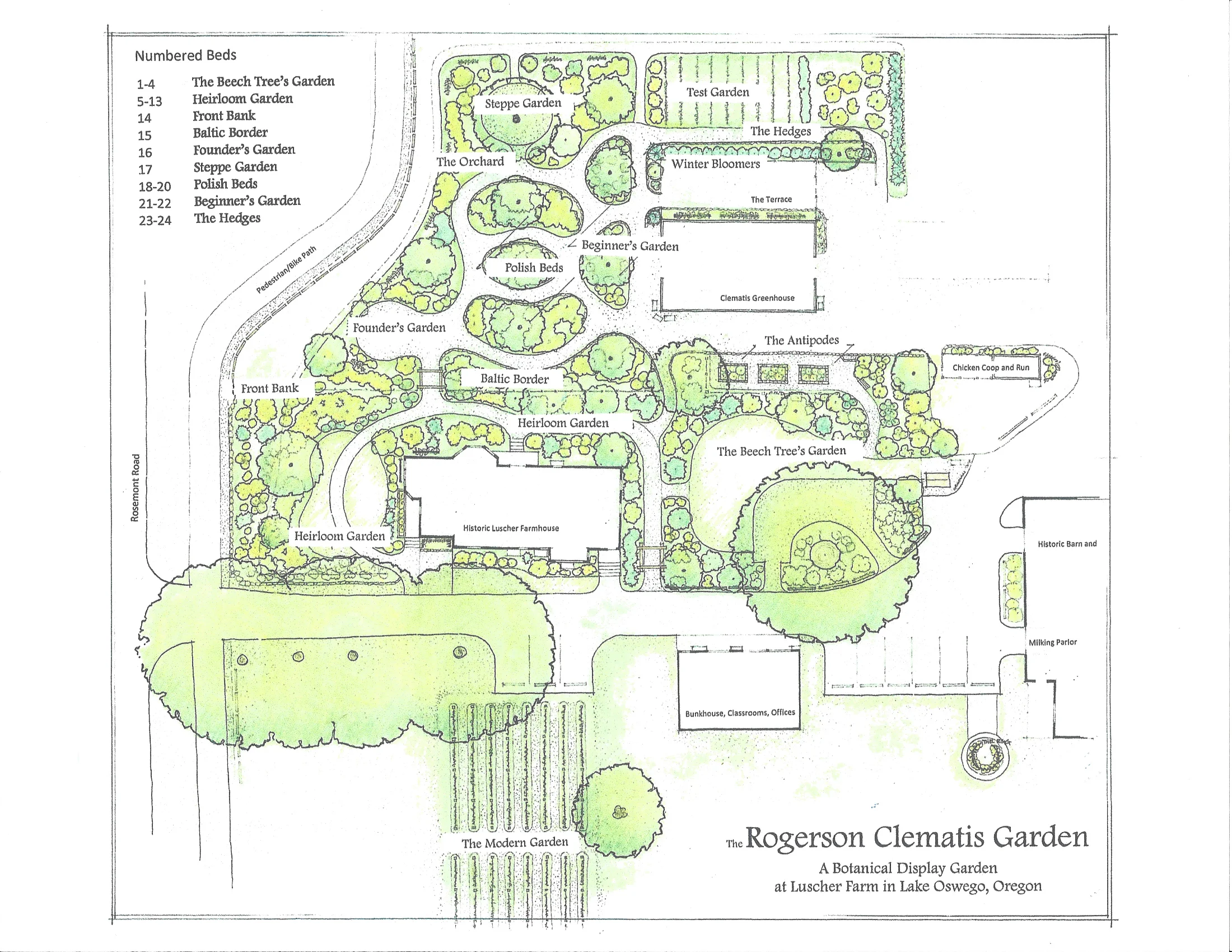 The garden has many distinct display areas, as shown in the map above and described below. To see a larger version of the map, click on the image.