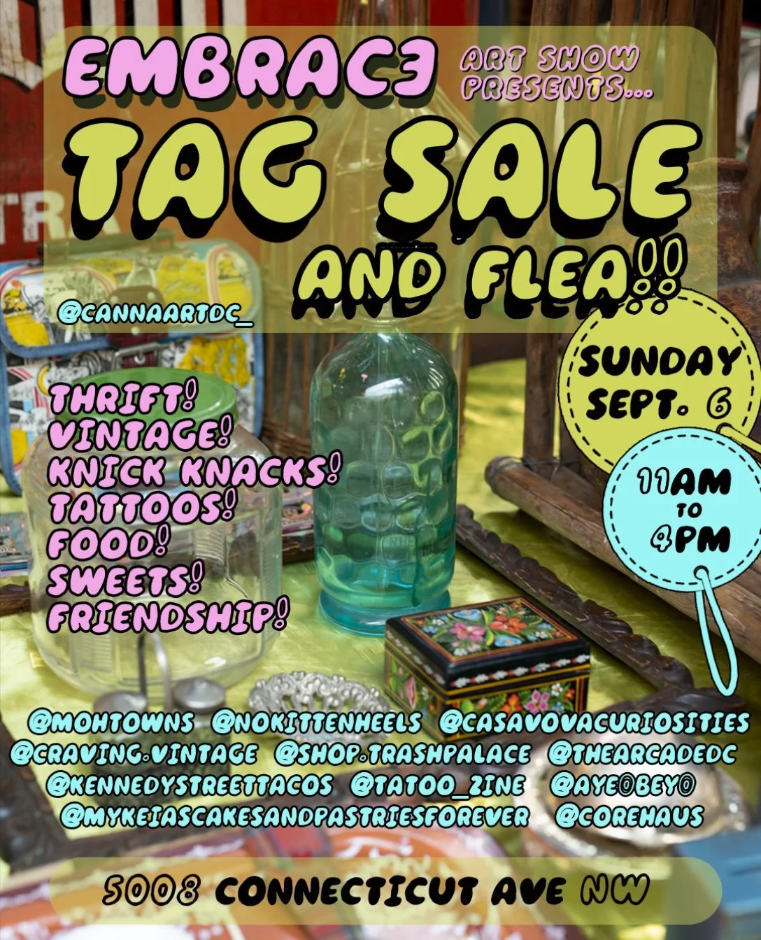 Hanging around DC this long weekend? Come check out the tag sale and flea market at the EMBRACE art show! There will be all kinds of goodies to rummage through and deals to find! 11am to 4pm at 5008 Connecticut Ave NW (across from Comet Ping Pong and