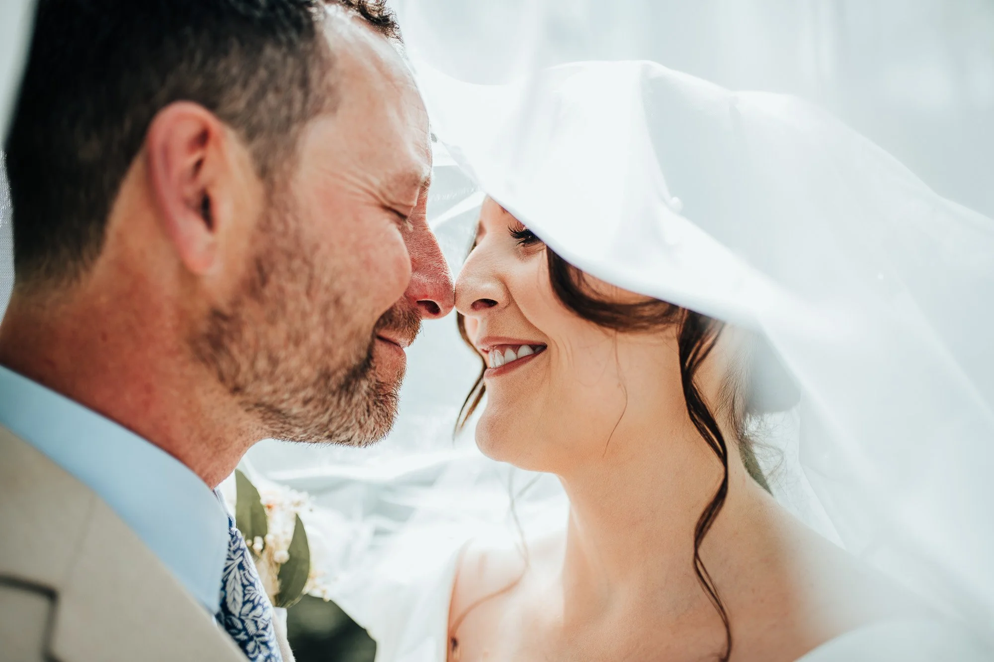 Close-up of a couple smiling under a wedding veil, touching noses.