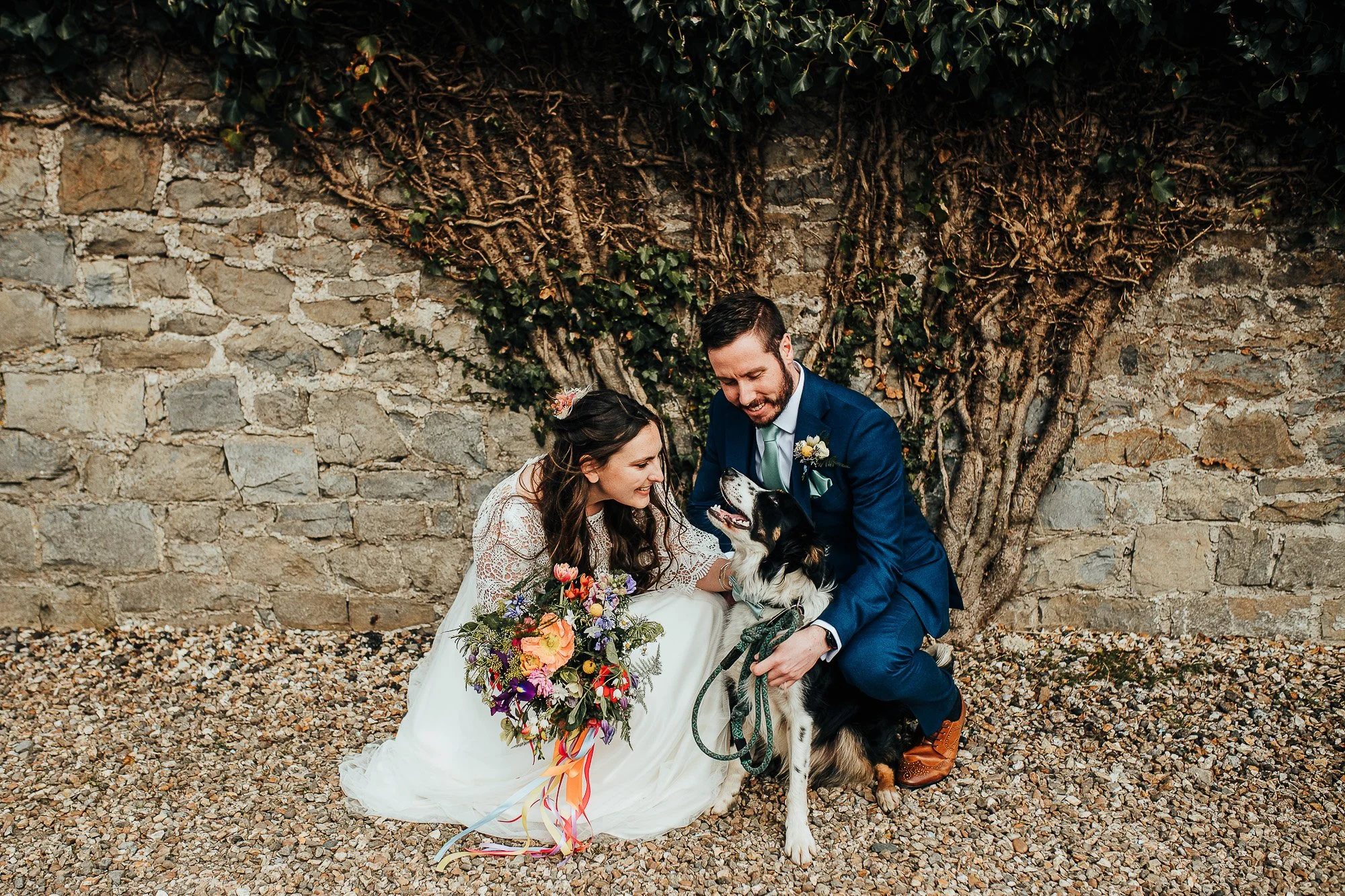 A bride in a white dress and a groom in a blue suit smiling at a black and white dog, with a stone wall and ivy in the background. The bride holds a colorful bouquet.