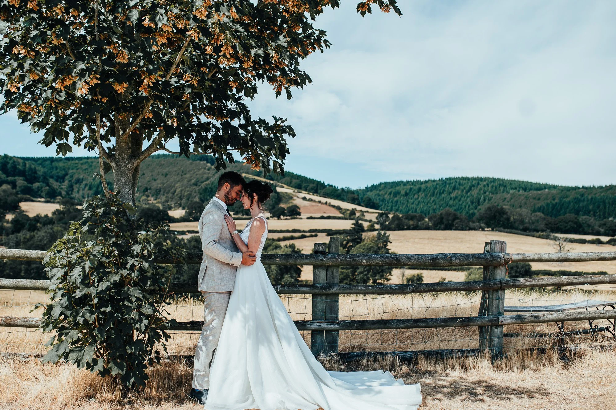 A bride and groom at Wilde Lodge at golden hour, standing close together under a tree outdoors, with a rural landscape in the background, during daytime.