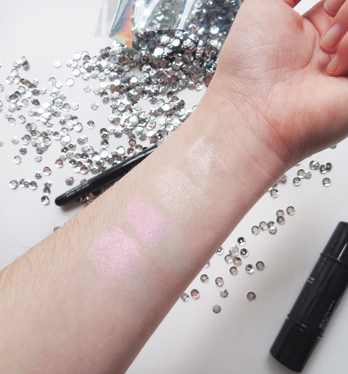 Right to Left: balm, cream highlight, pigment, cream highlight with pigment on top