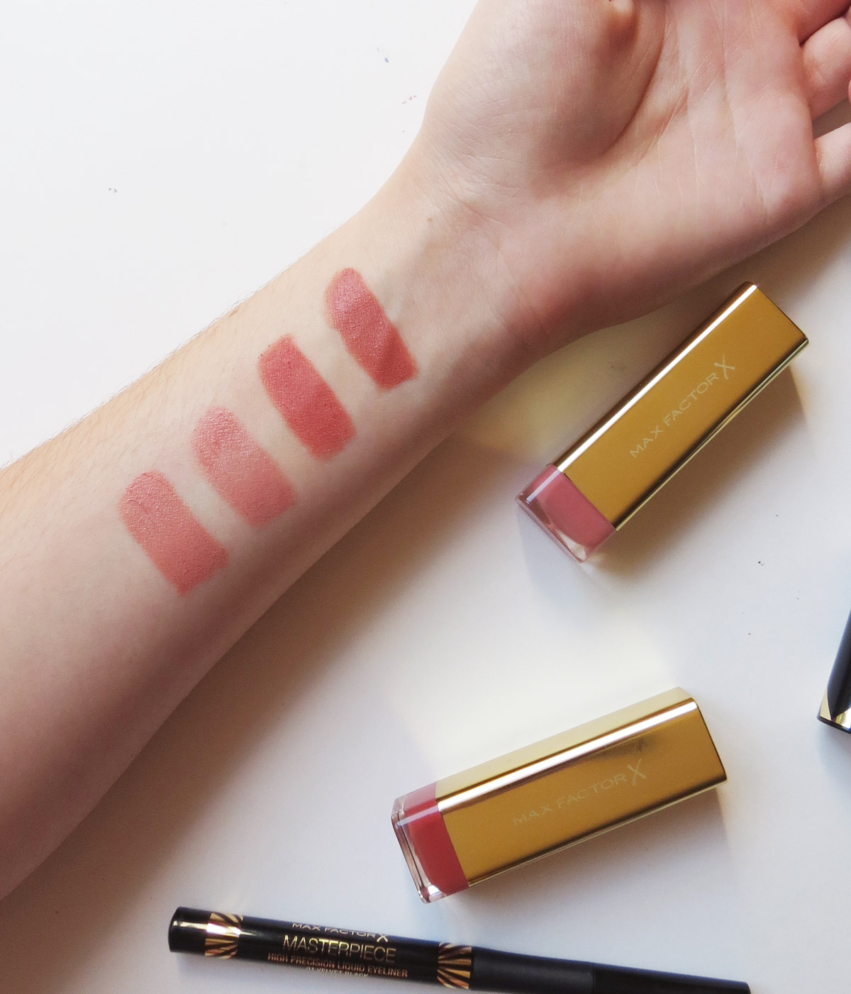 Left to right: Charlotte Tilbury Kim KW, Max Factor Simply Nude, Charlotte Tilbury Super Cindy, Max Factor Maroon Dust