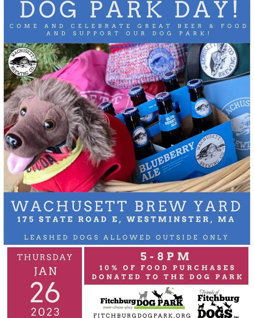 Wachusett Brew Yard will be donating 10% of food sales to the Fitchburg Dog Park Fund from 5pm to 8pm on Thursday January 26th, 2023

The Fitchburg Dog Park will receive 10% of the food sales to the dog park for dinner! Just let them know you are the
