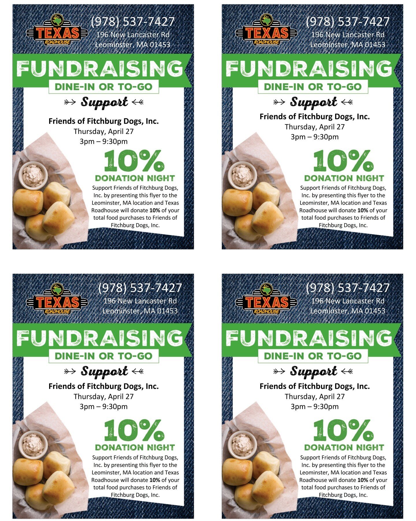 Texas Roadhouse will be donating 10% of food sales for Dinner to the Fitchburg Dog Park from 3:00pm to 9pm on Thursday April 27th, 2023
Please print the coupon attached &amp; give to server to ensure the Dog Park gets the donation!Dining to donate in