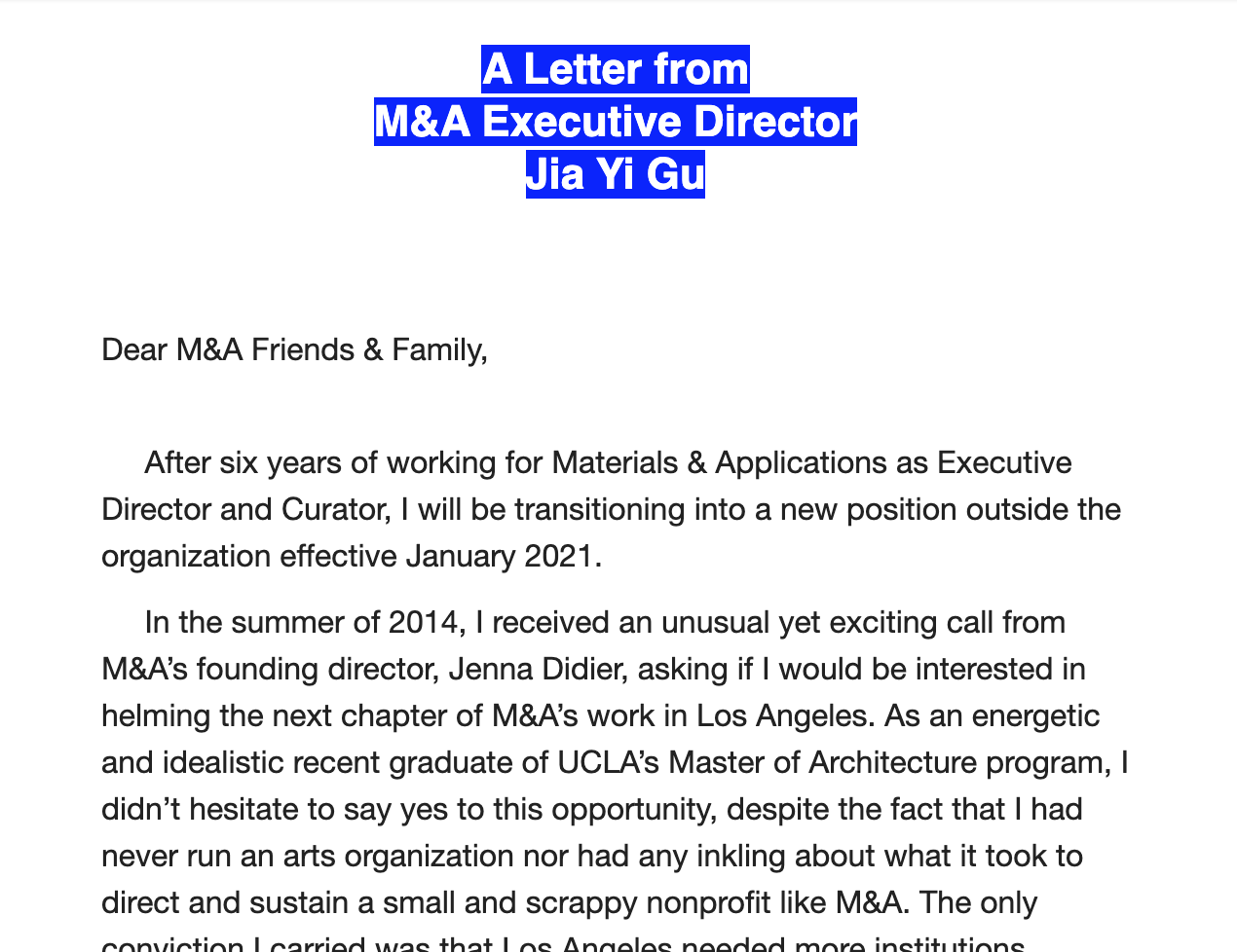 Letter from M&amp;A Director Jia Yi Gu