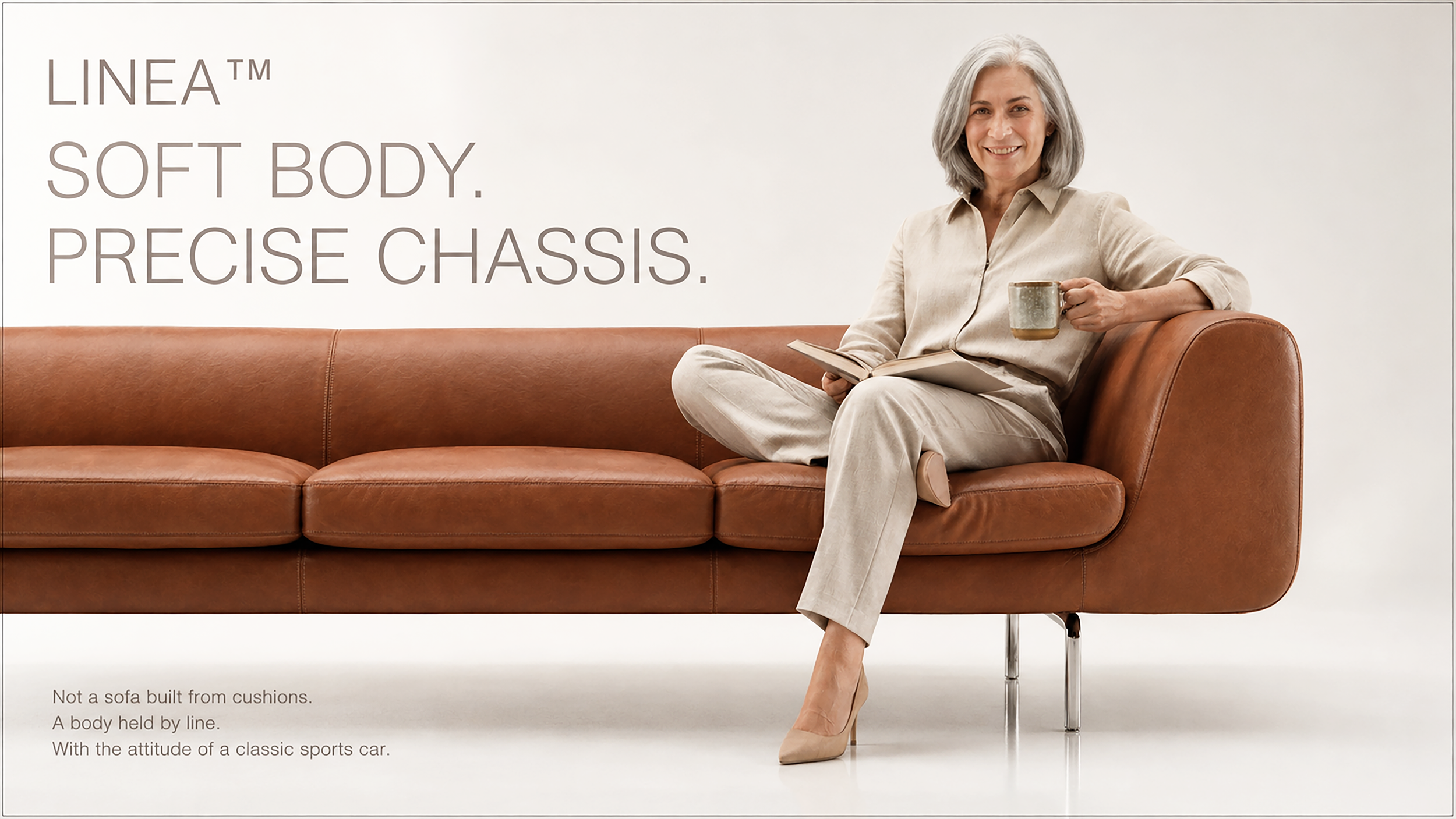 A woman with gray hair sitting on a leather sofa, holding a book and a coffee mug, smiling at the camera. The background features large text that says "LINEA™ SOFT BODY. PRECISE CHASSIS." and smaller text at the bottom describing the sofa.