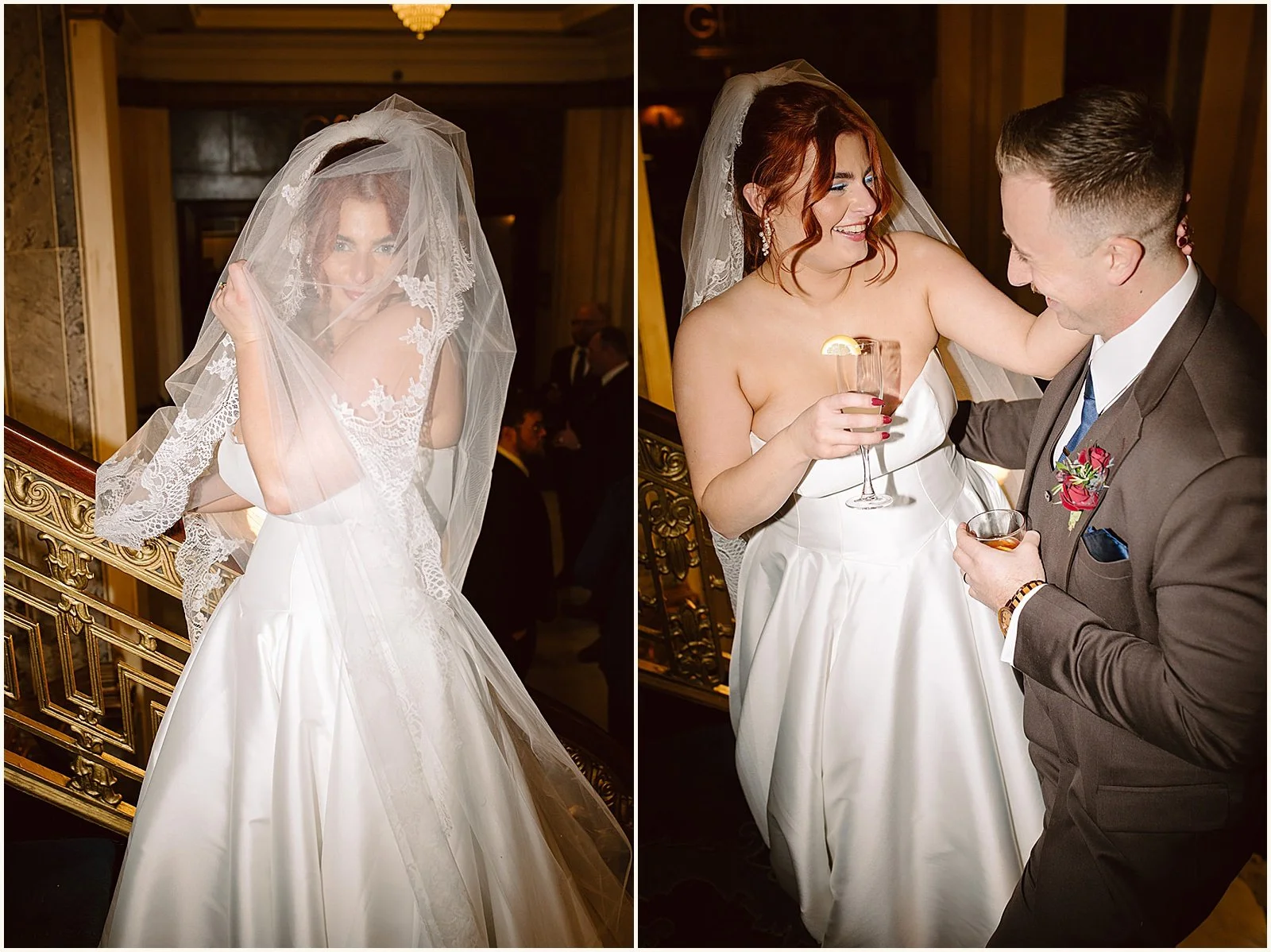 A bride holds her veil across her face and smiles at a Louisville wedding photographer.